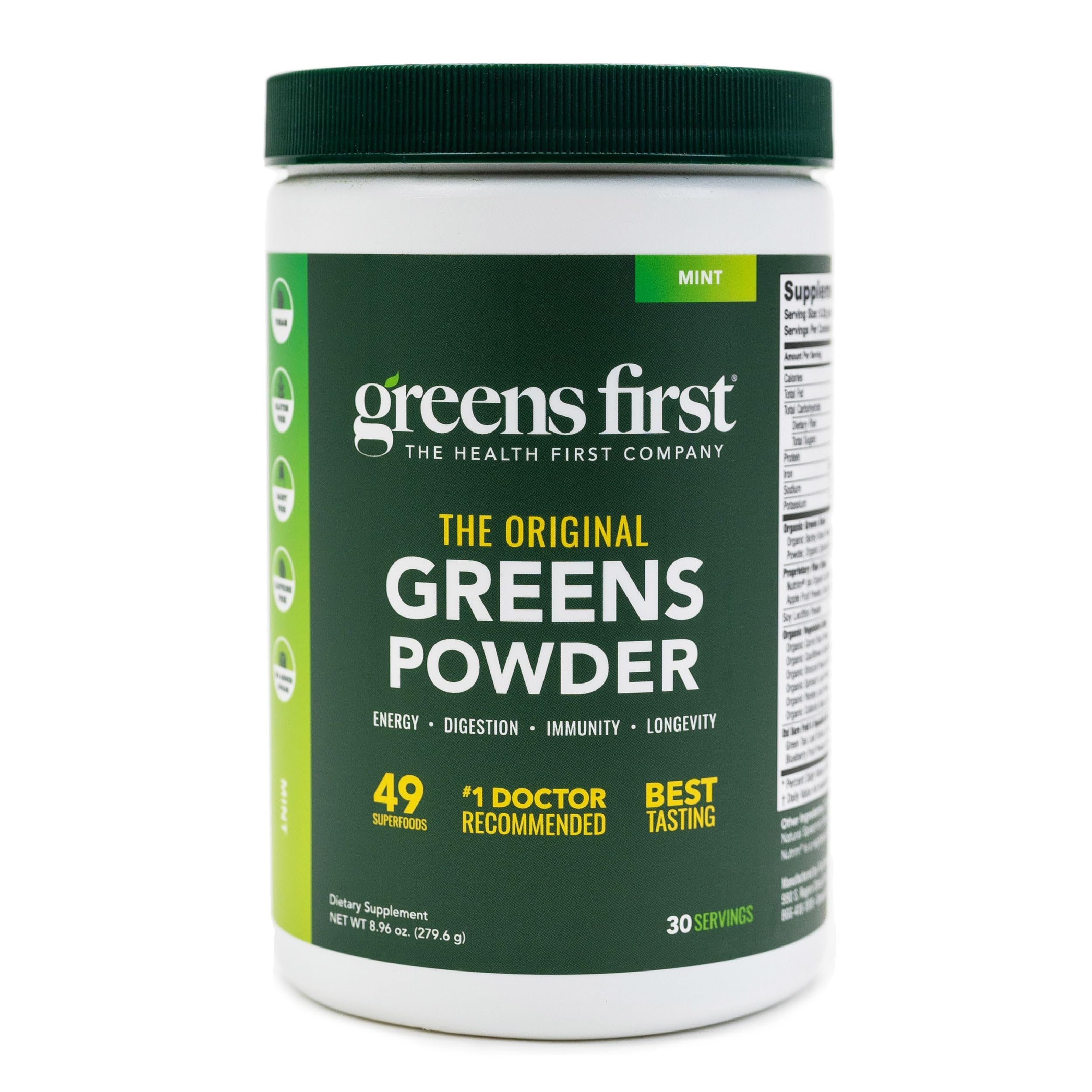 Greens First Original polvo verde en frasco para conveniencia diaria.