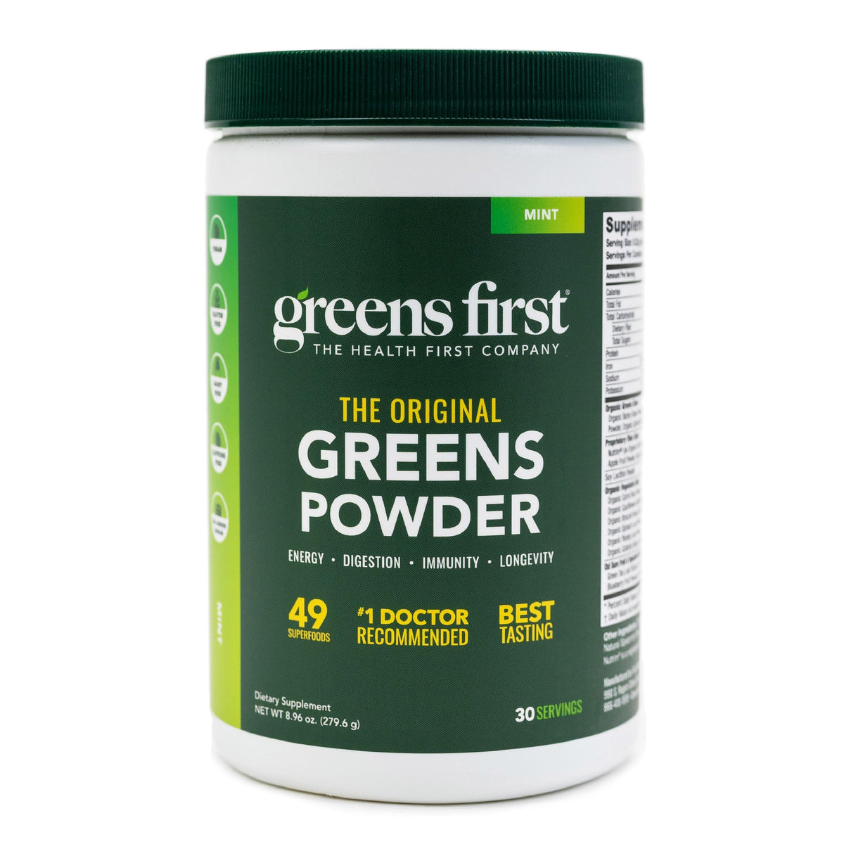 Greens First Original polvo verde en frasco para conveniencia diaria.