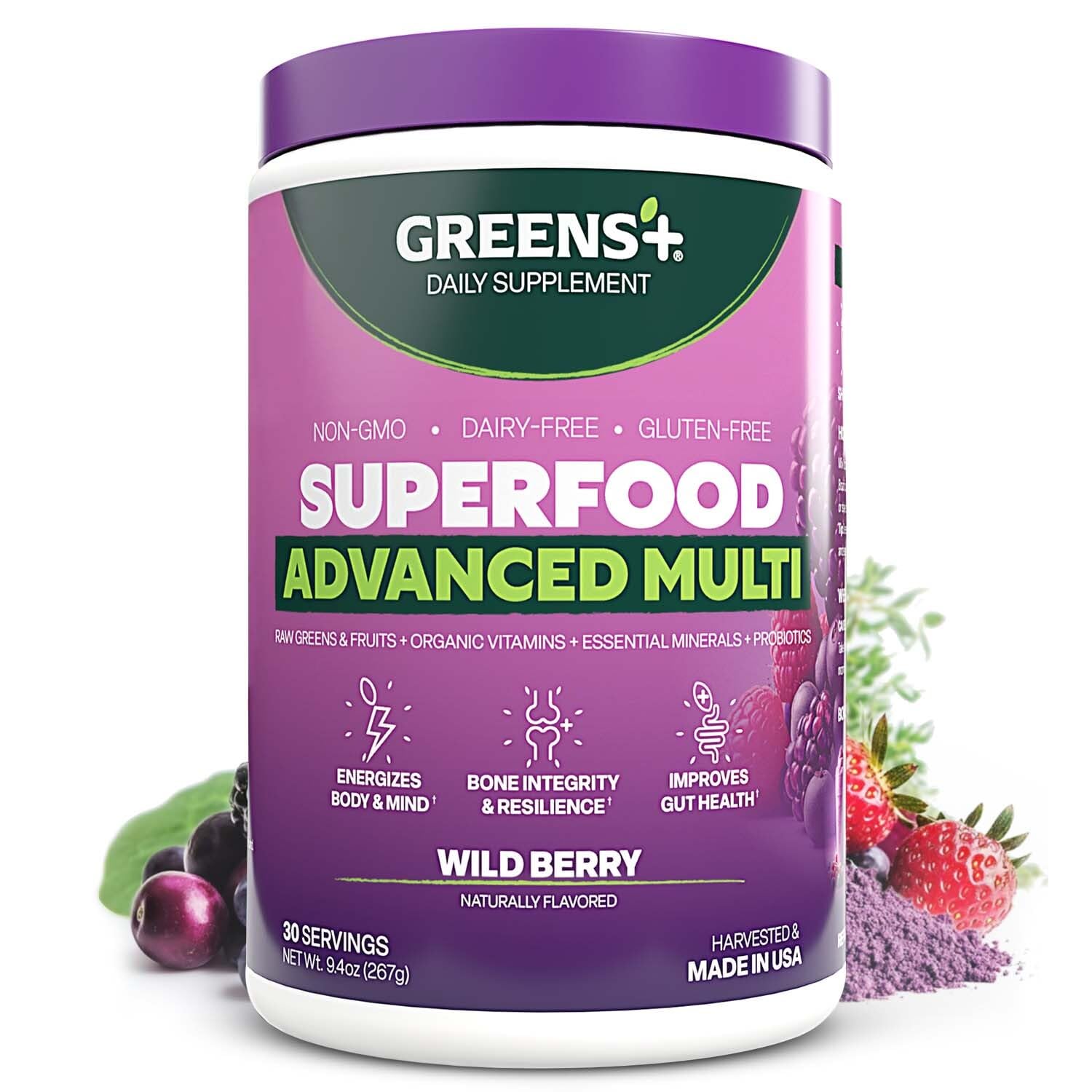 Greens+ Avance Multi Bayas Silvestres Polvo nutritivo para nutrición diaria.