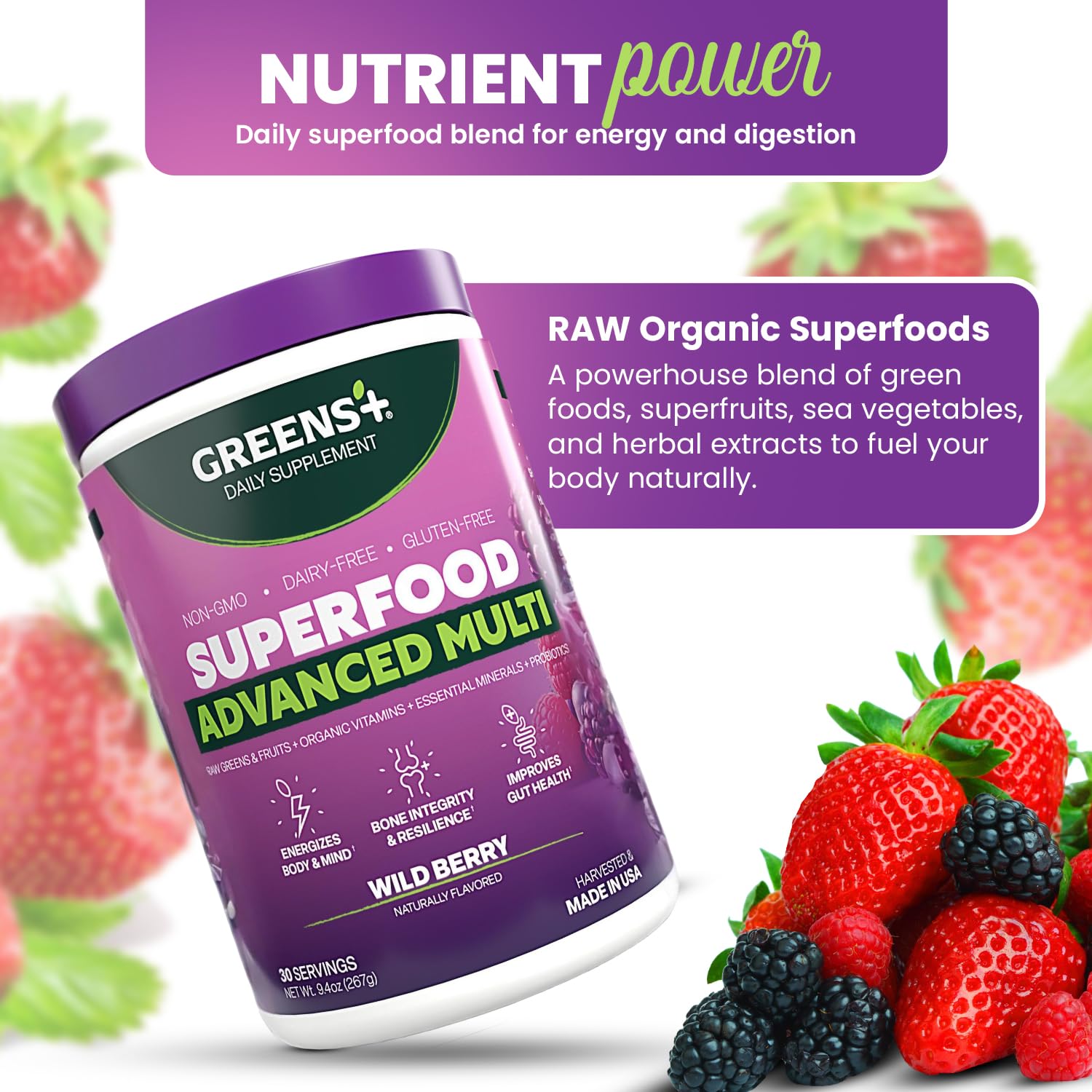 Greens+ Avance Multi Bayas Silvestres Presentación de 266 g para consumo.