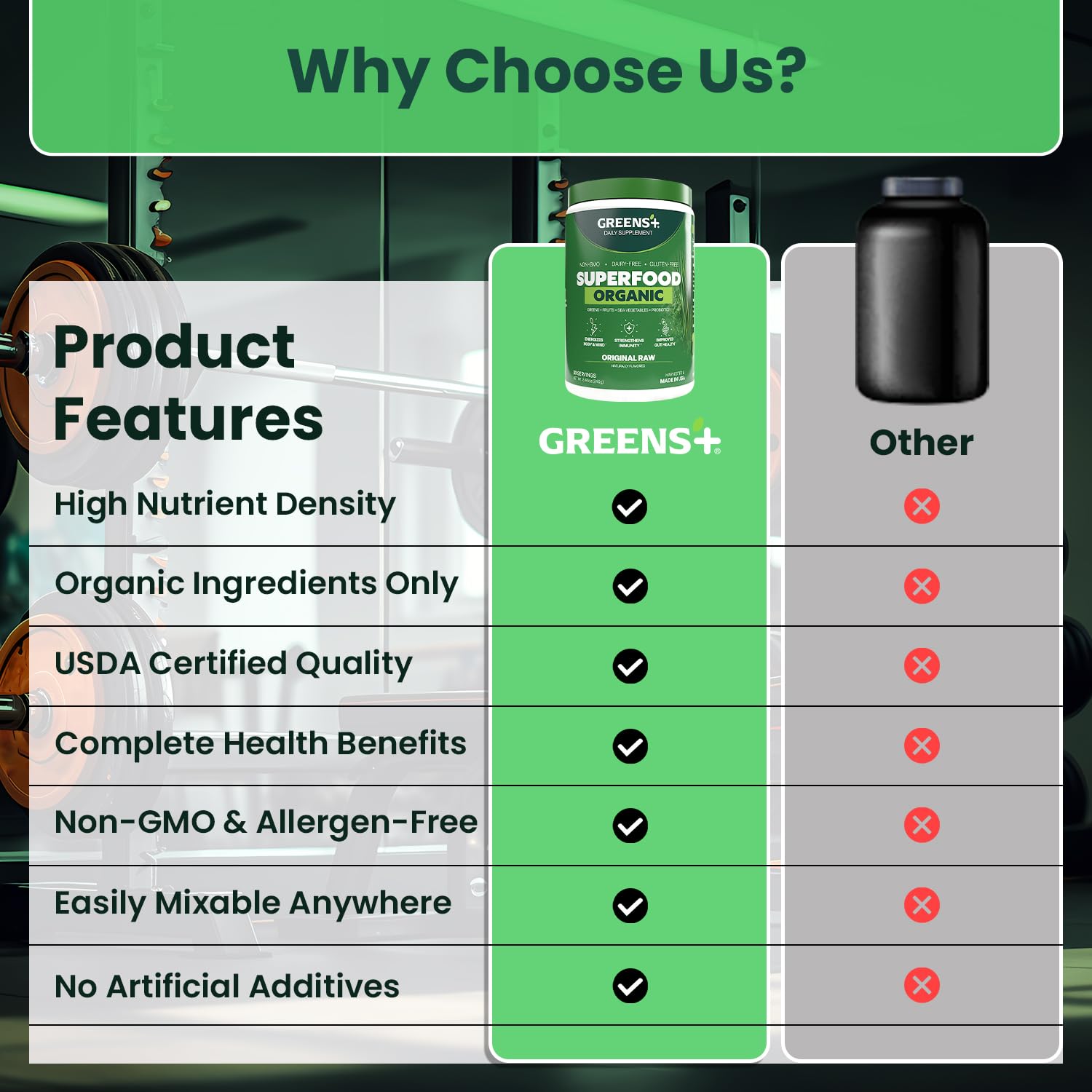 Greens+ Sin gluten y vegano: apto para diversas dietas sin perder sabor.