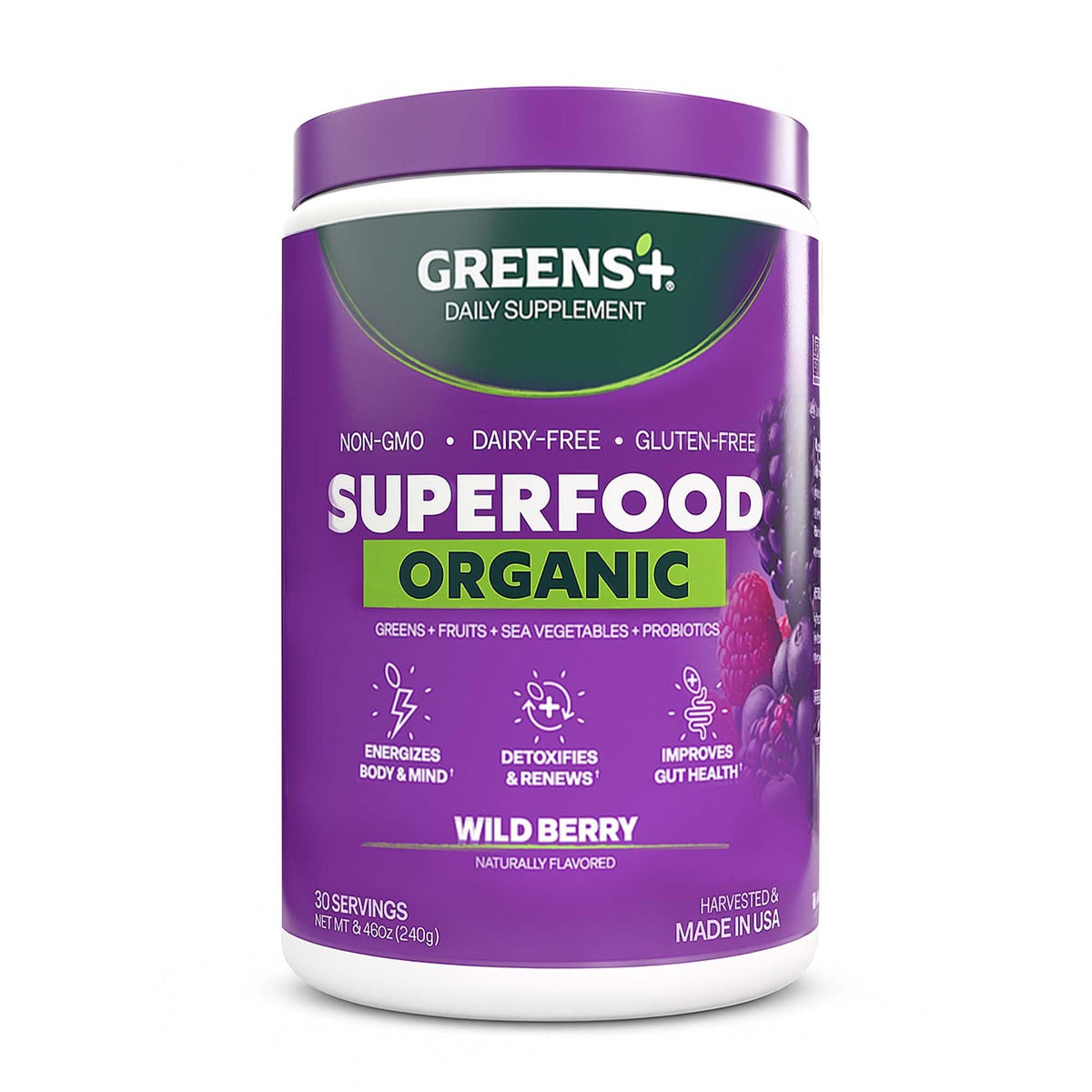 Greens+ polvosuperalimento arándano selvático en bote para energía matutina.