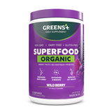 Greens+ polvosuperalimento arándano selvático en bote para energía matutina.