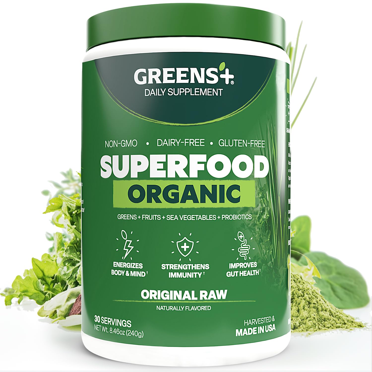Greens+ Pulver orgánico RAW: polvo verde para empezar el día con energía natural.