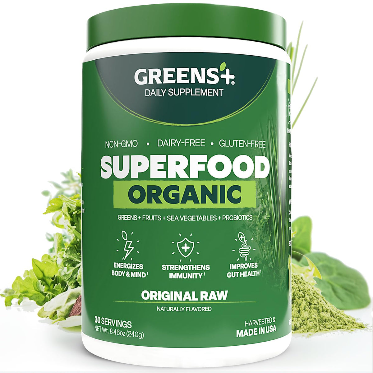 Greens+ Pulver orgánico RAW: polvo verde para empezar el día con energía natural.