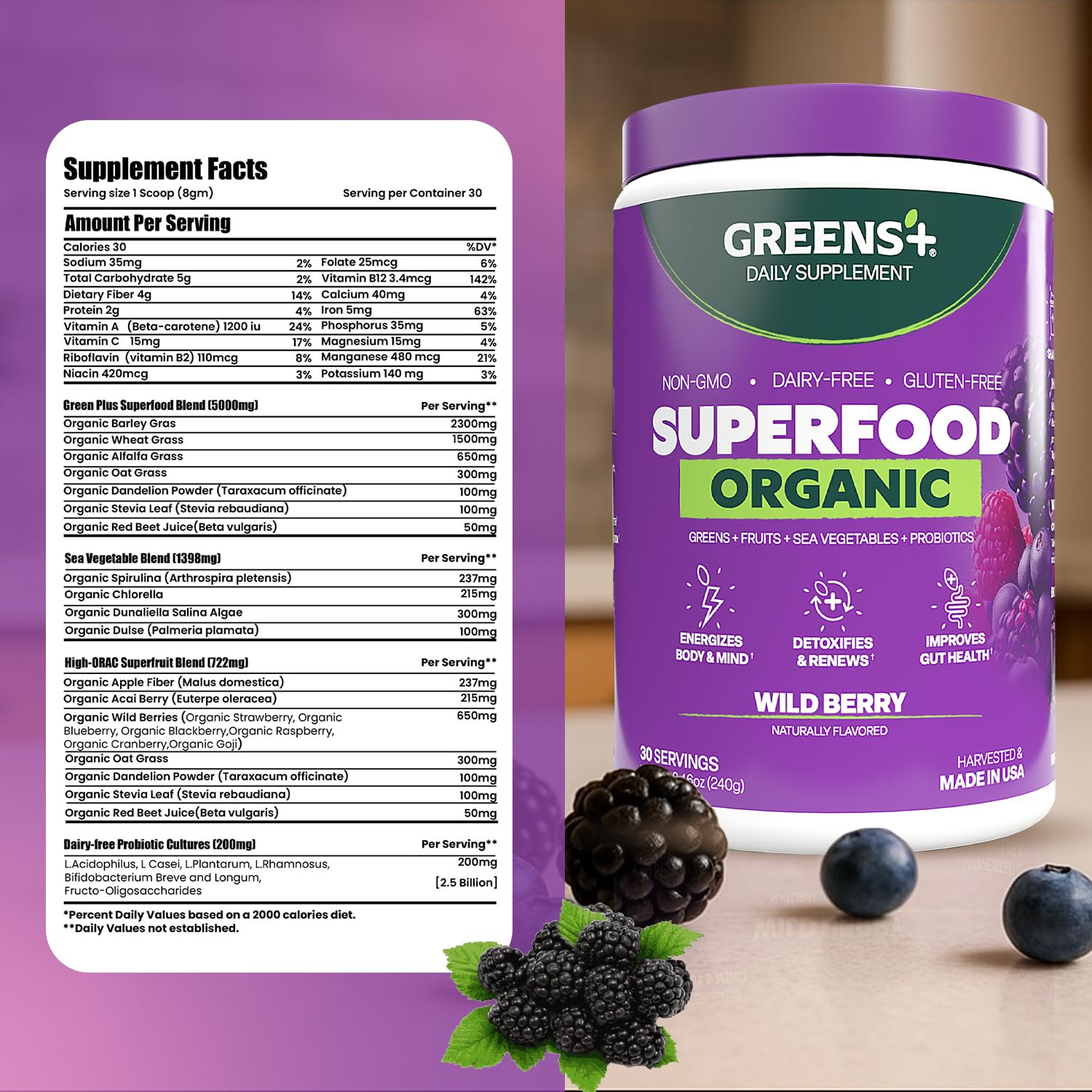 Greens+ sabor-frutas-arandano; perfecto para smoothies diarios.