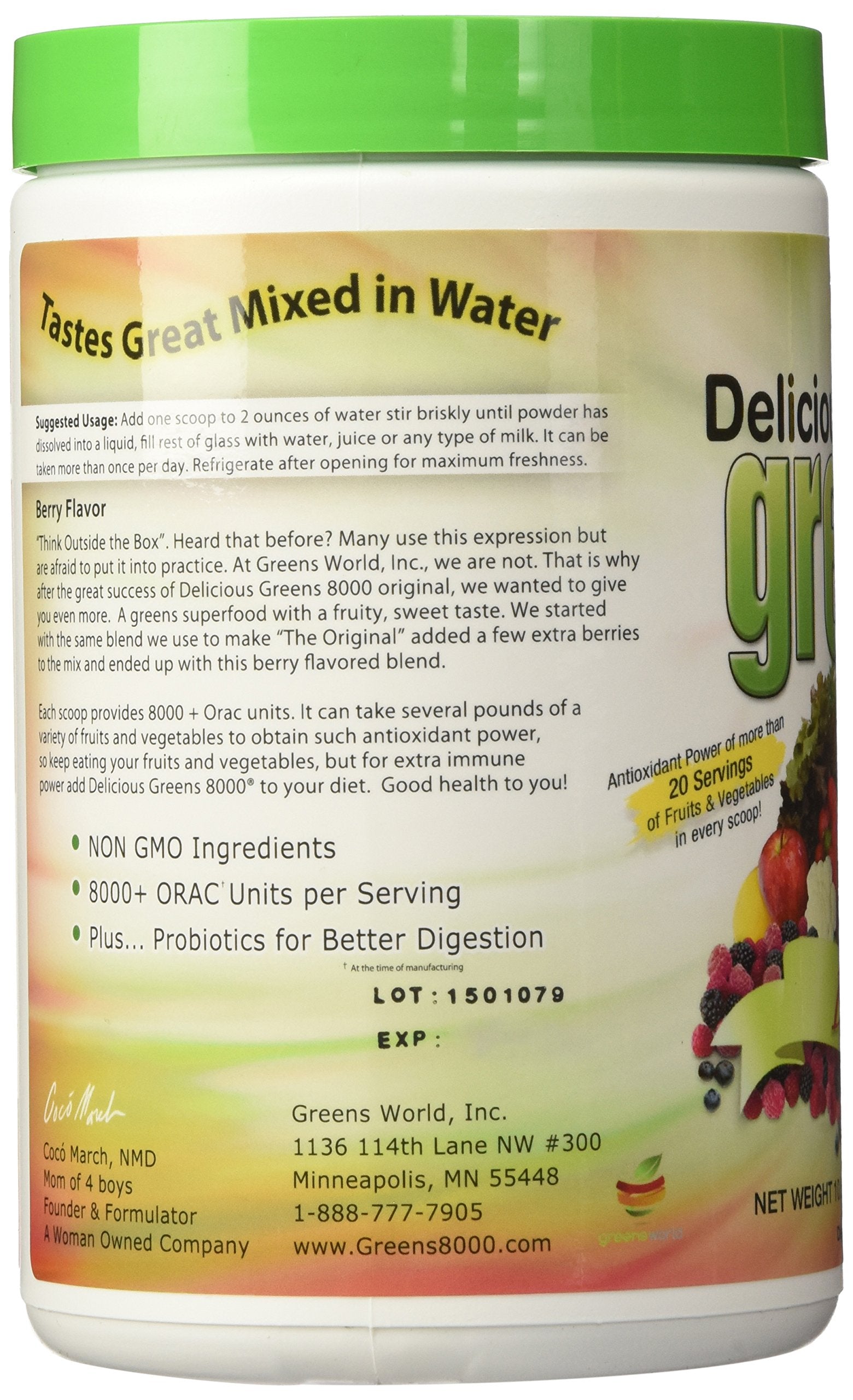 Greens World Delicious Greens 8000 Frambuesa, empaque compacto para llevar.