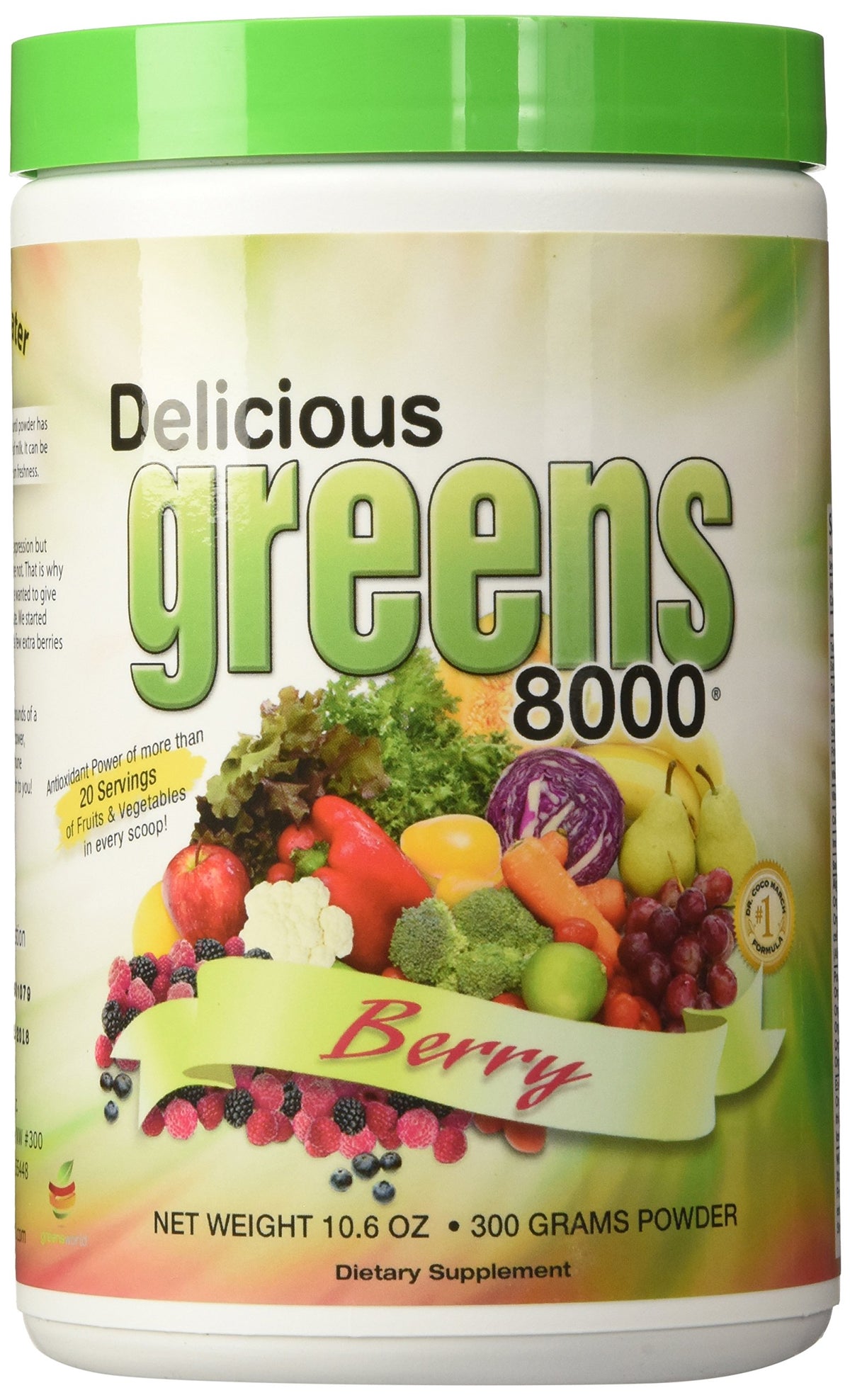 Greens World Delicious Greens 8000 Frambuesa, pote de polvo para energía diaria.