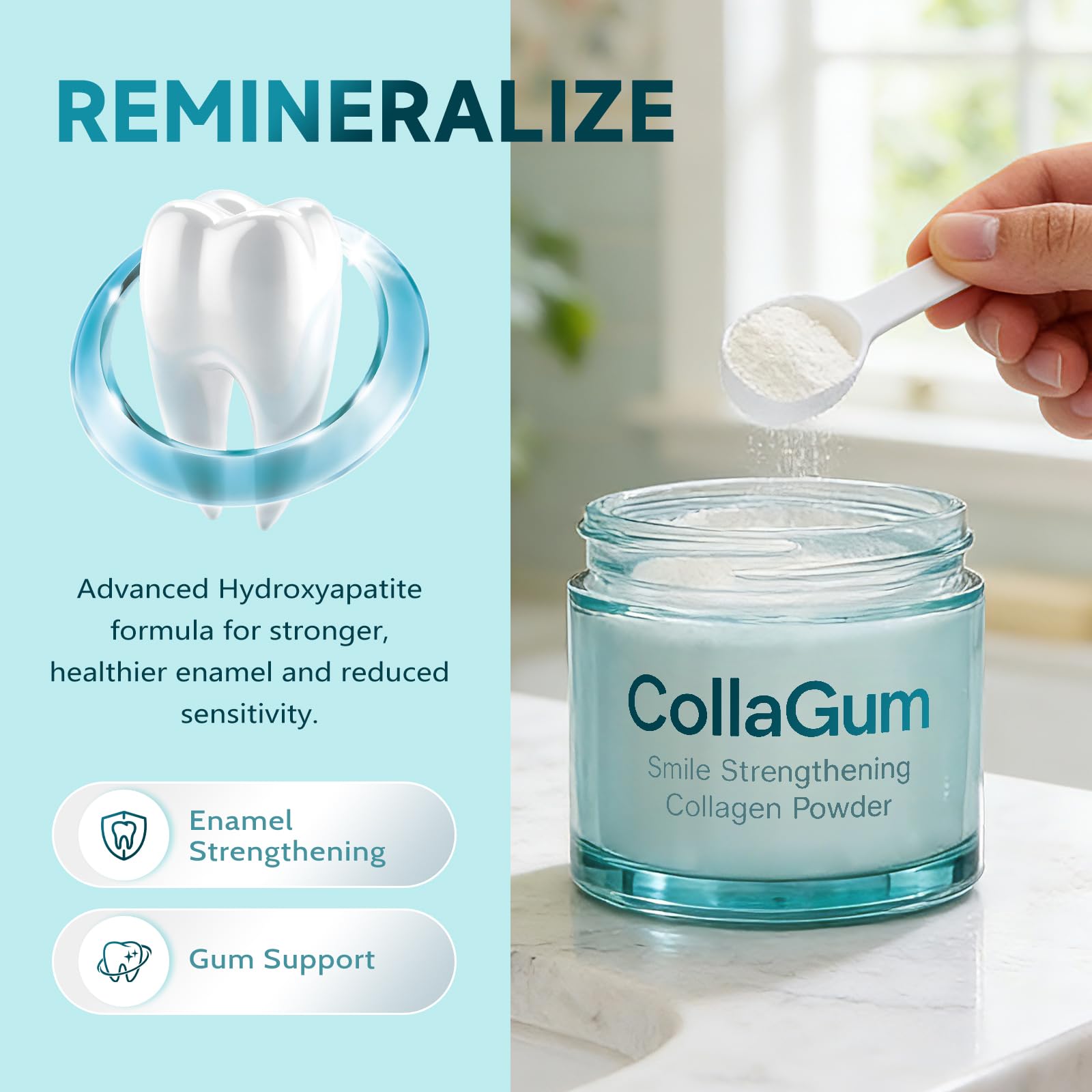 Greentomato polvo hidroxiapatita, protección suave del esmalte y limpieza percibida.