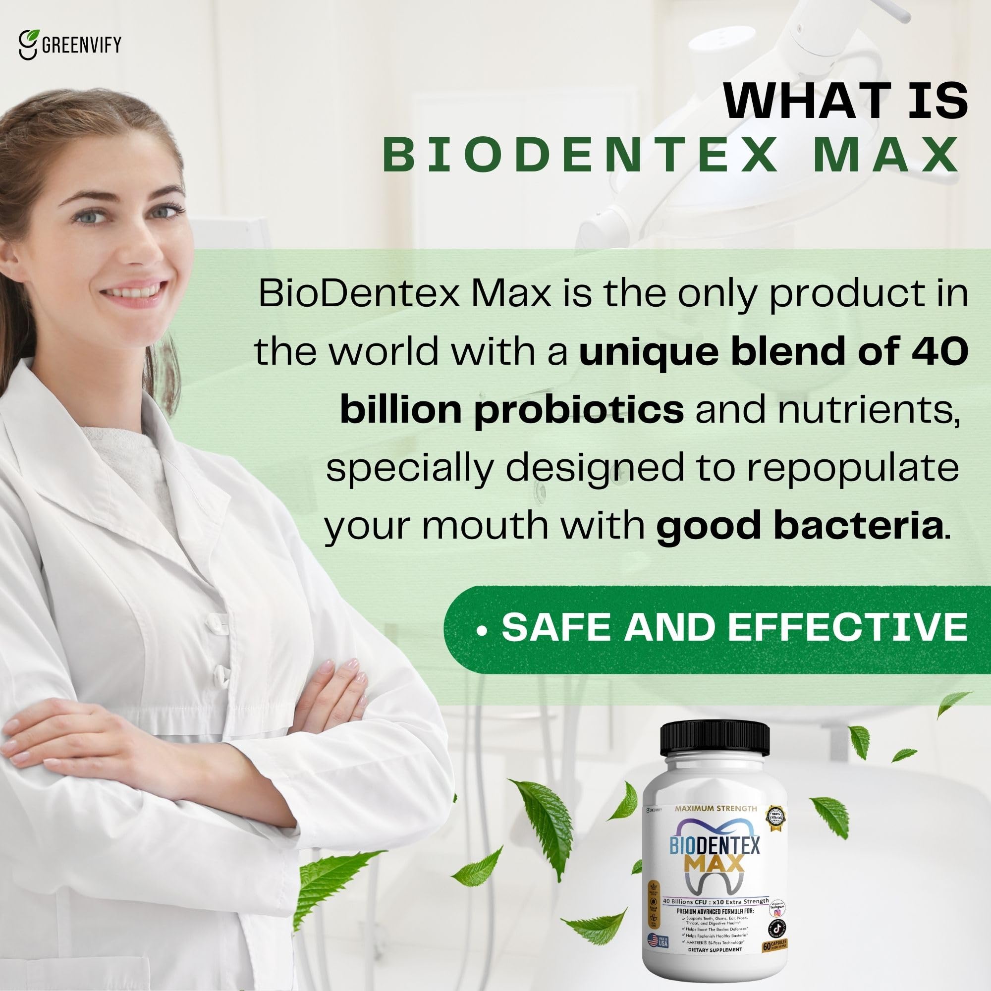 GREENVIFY BioDentex Max: envase transparente y cápsulas visibles.