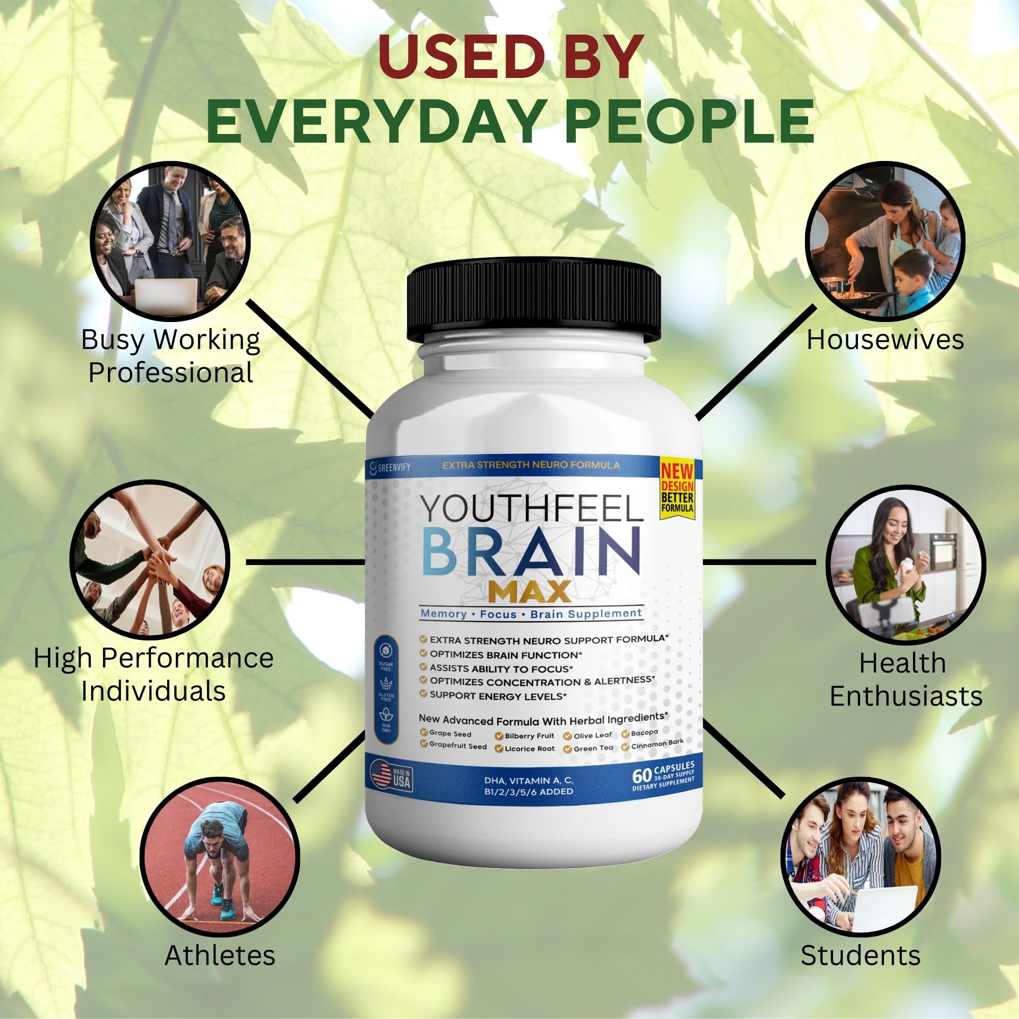 GREENVIFY YouthFeel Brain Max, envase producido en EE. UU. y control de calidad