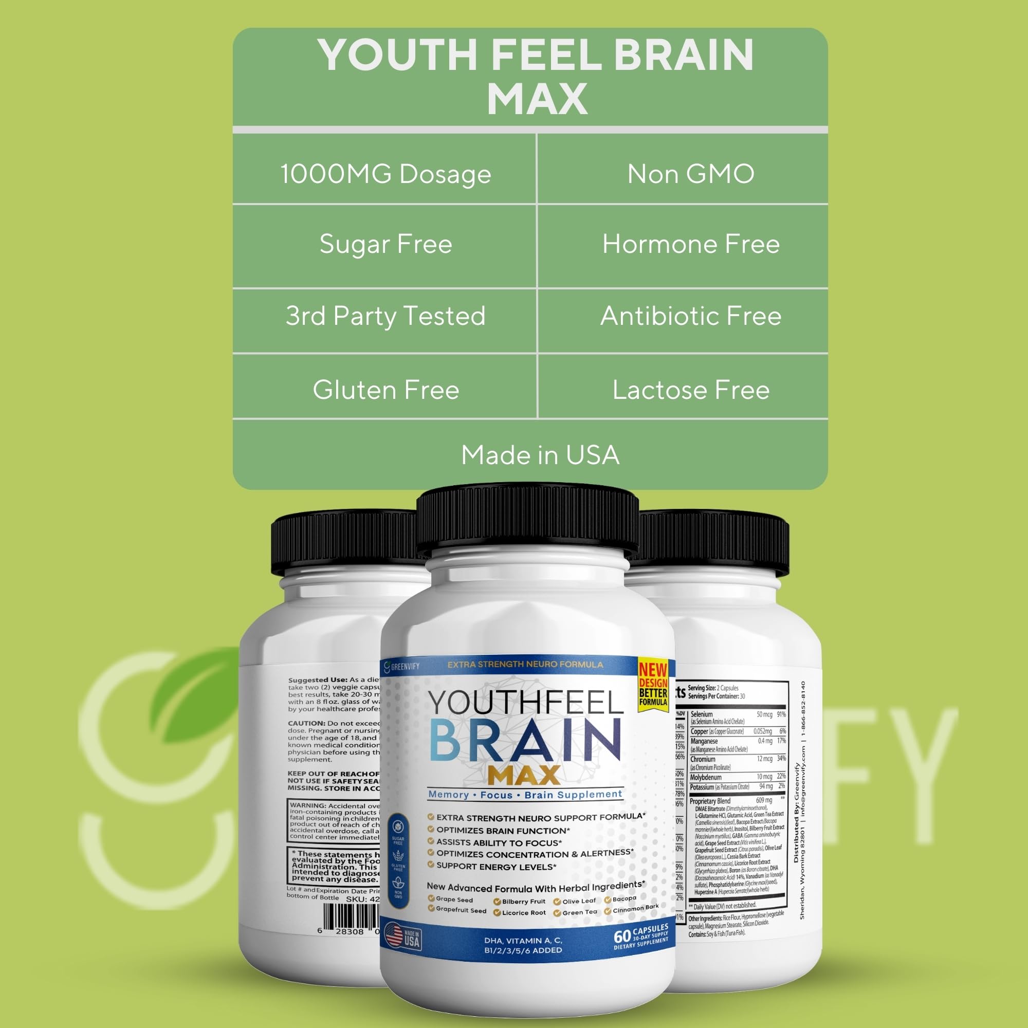 GREENVIFY YouthFeel Brain Max, mezcla de ingredientes clave para rendimiento cognitivo