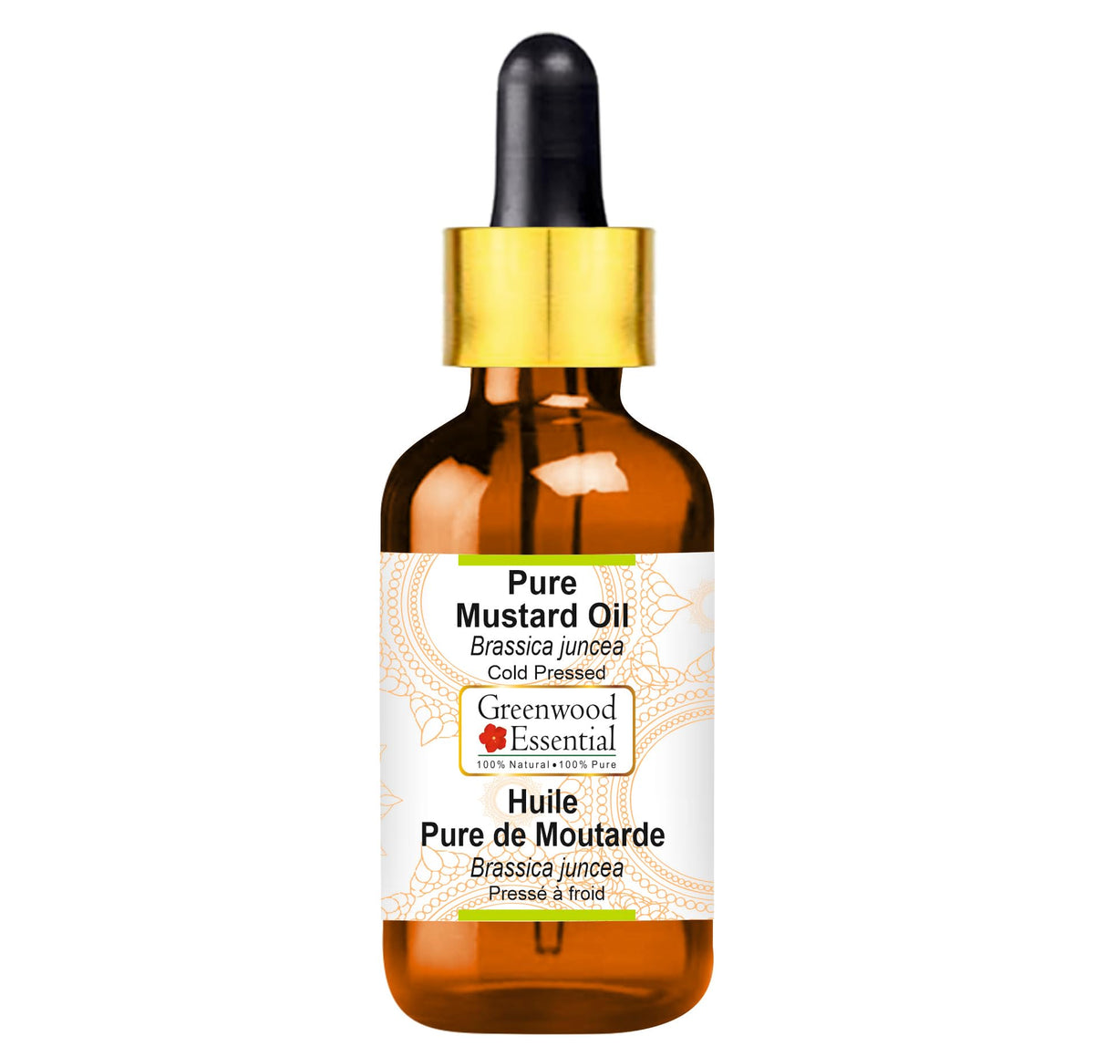 Aceite de mostaza Greenwood Essential en botella de vidrio con cuentagotas para dosificar con precisión.