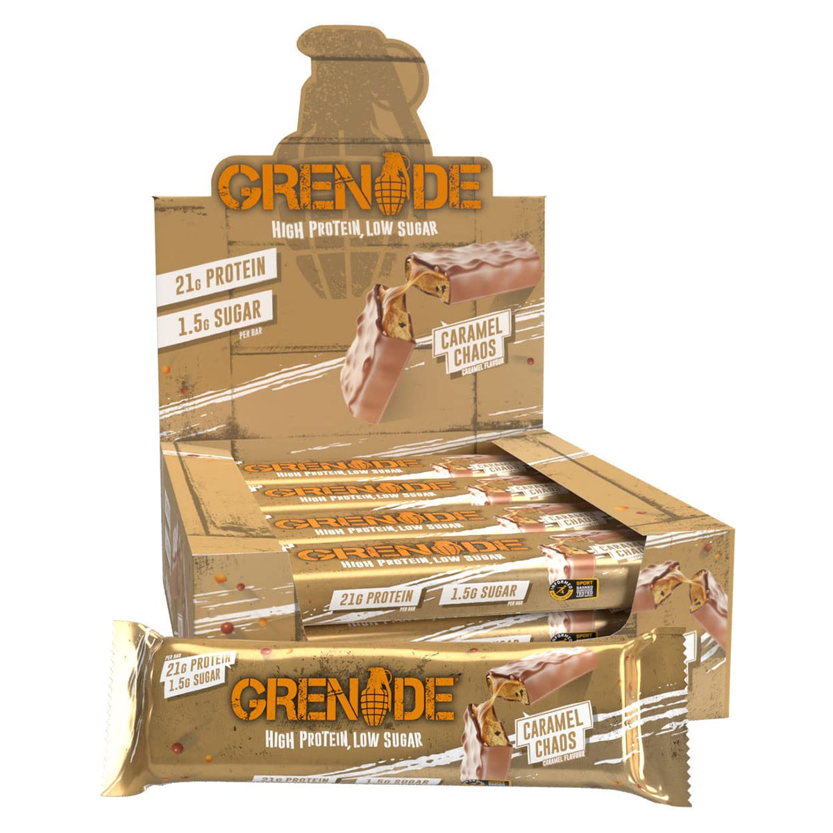 Grenade Caramel Chaos: empaque práctico para llevar.