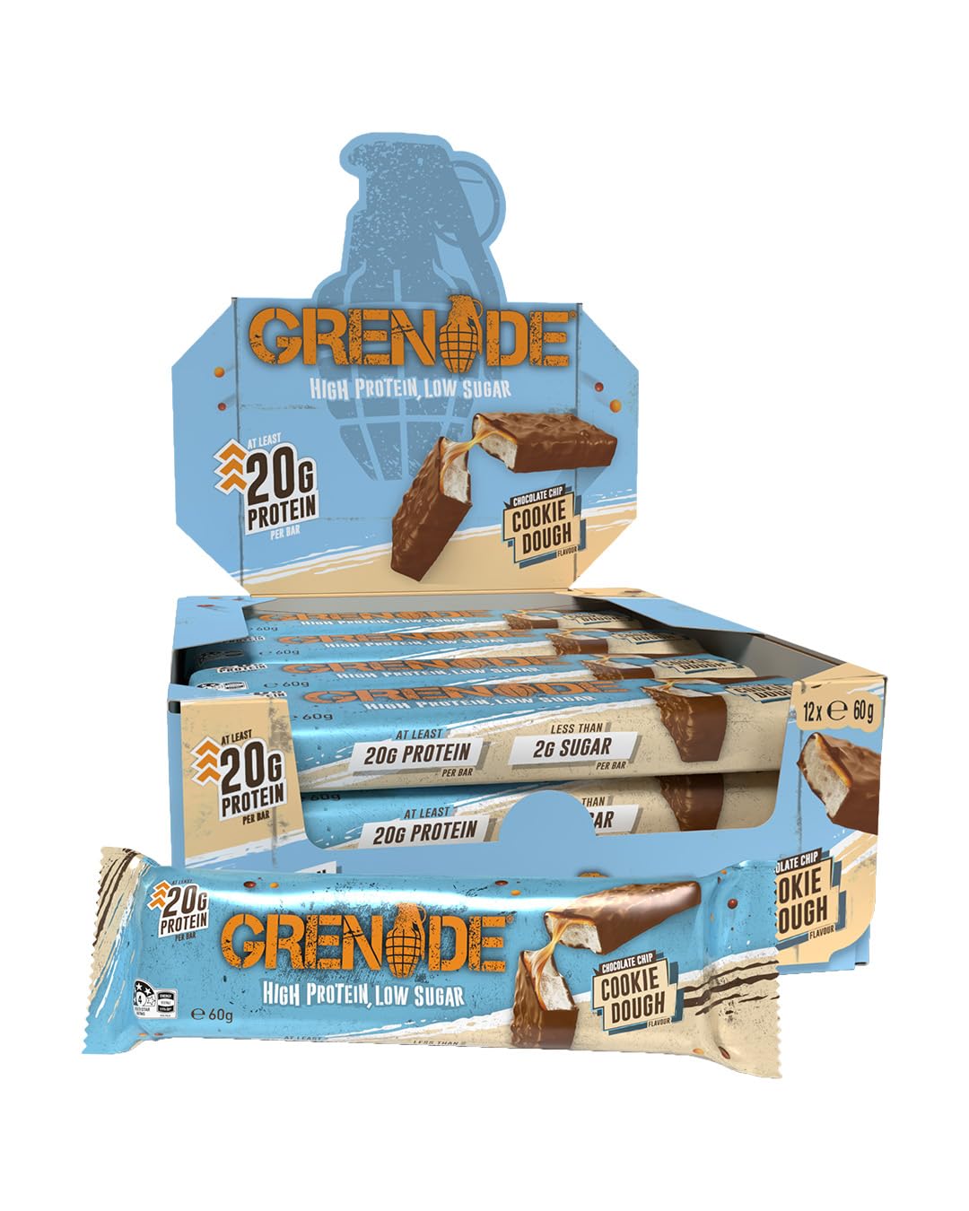 Grenade barra proteína alta, cobertura crujiente, ideal como snack post-entrenamiento
