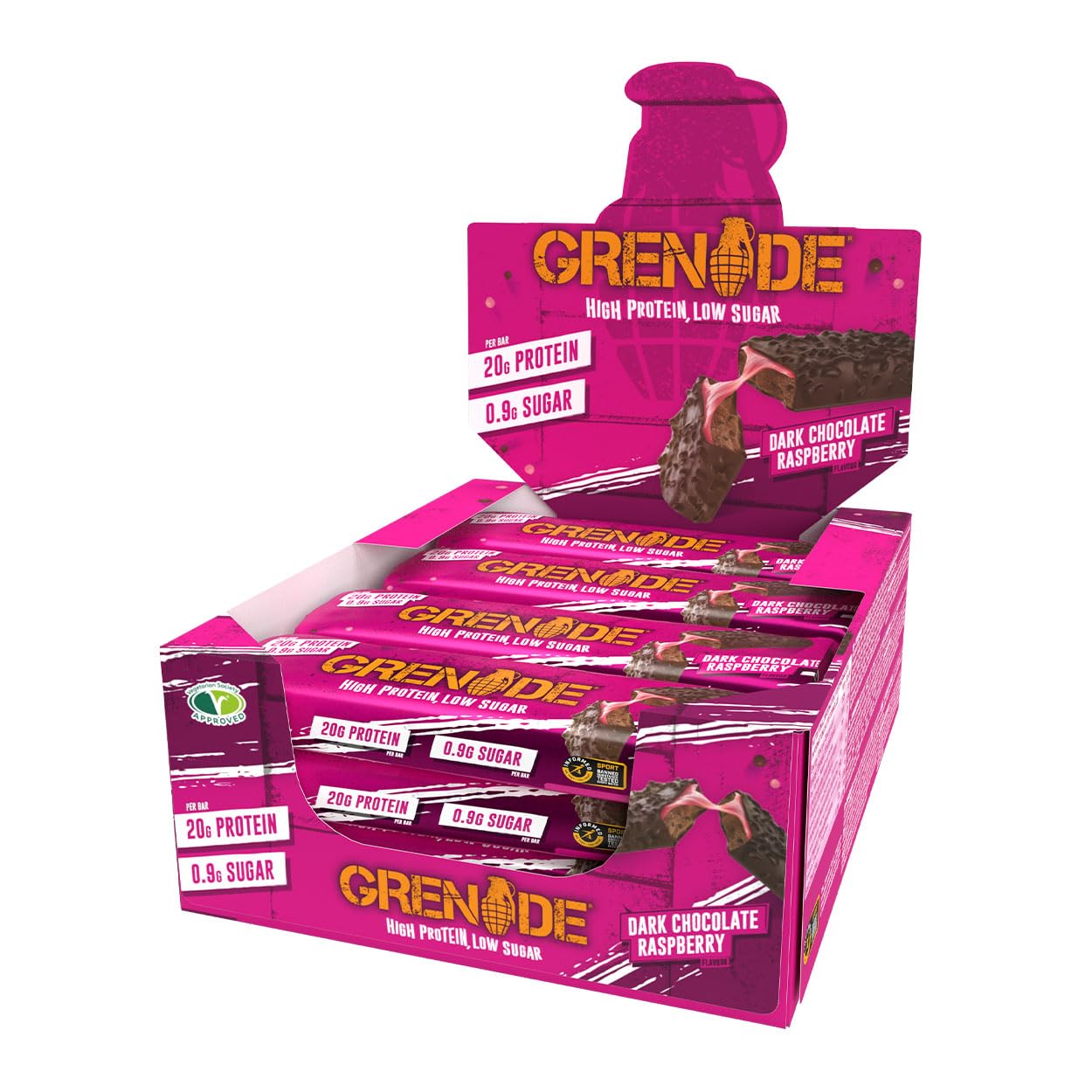 Barrita Grenade de proteína frambuesa con chocolate negro, ideal para llevar.