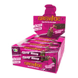 Barrita Grenade de proteína frambuesa con chocolate negro, ideal para llevar.