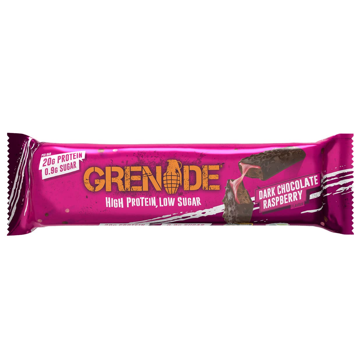 Corte de Grenade: capas de masa proteica, frambuesa y cacao intenso.