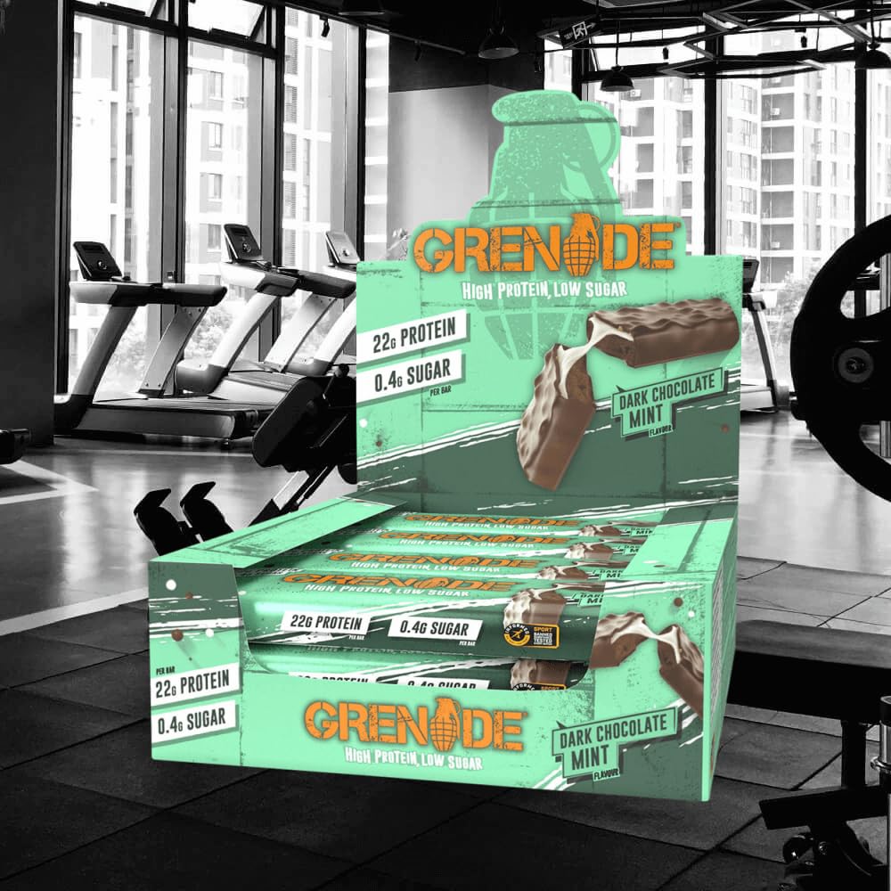 Empaque de Grenade Carb Killa bar chocolate oscuro menta, opción de merienda rápida