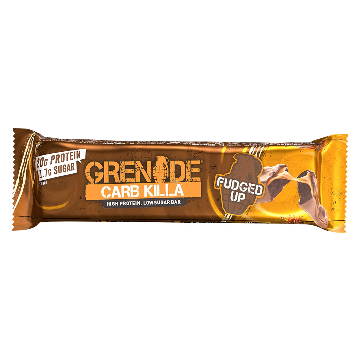 Grenade Carb Killa Fudged Up: cobertura de chocolate negro sobre relleno cremoso.