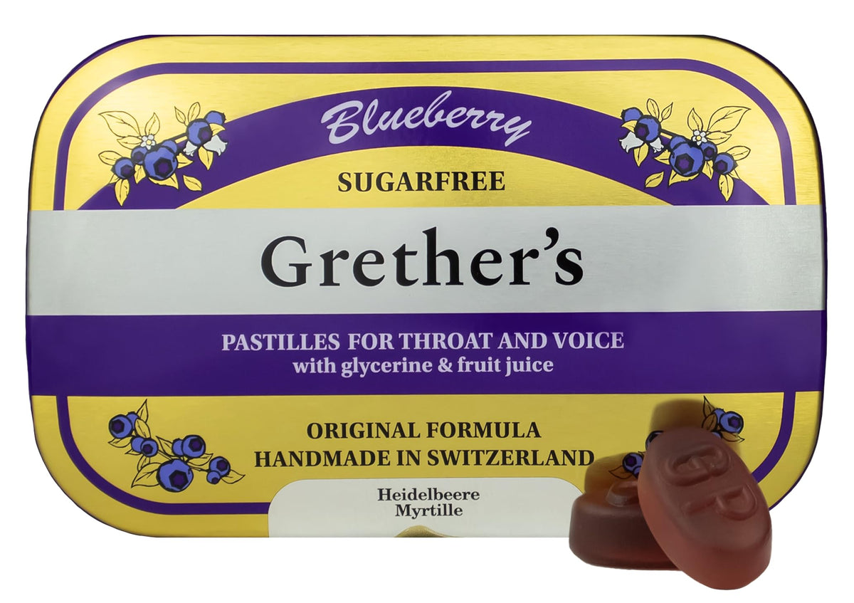 Pastillas GRETHER'S en lata cerrada: sabor arándano intenso y sin azúcar.