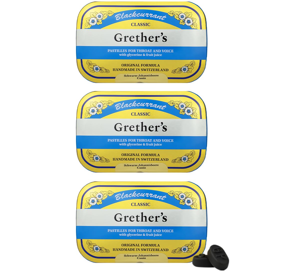 GRETHER'S pastillas de grosella negra en envase metálico; conserva la frescura para uso diario.
