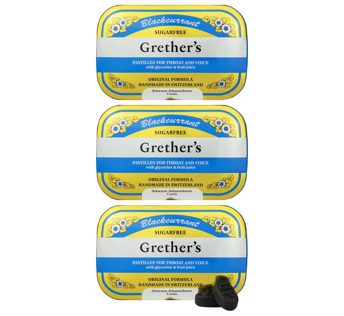 Pastillas GRETHER'S de grosella negra sin azúcar dentro de una lata