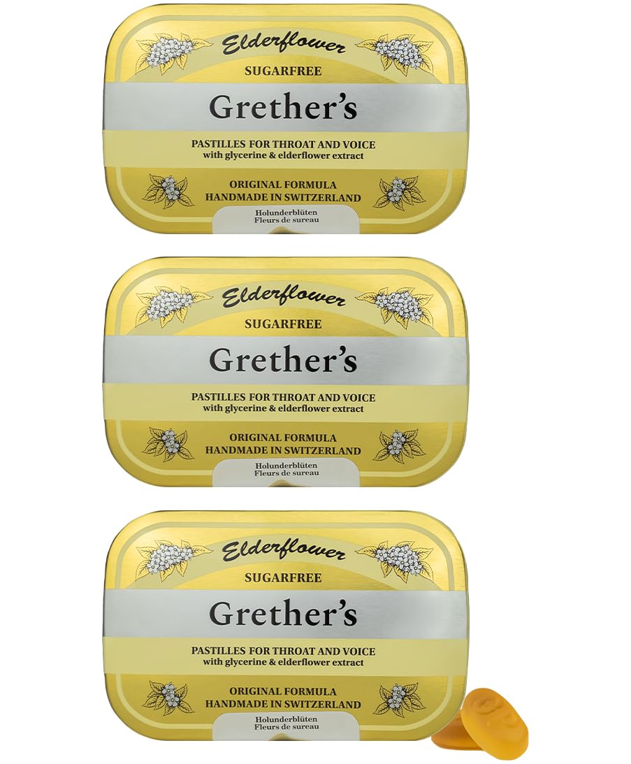 GRETHER'S pastillas flor de sáuco sin azúcar en lata frente, uso diario.