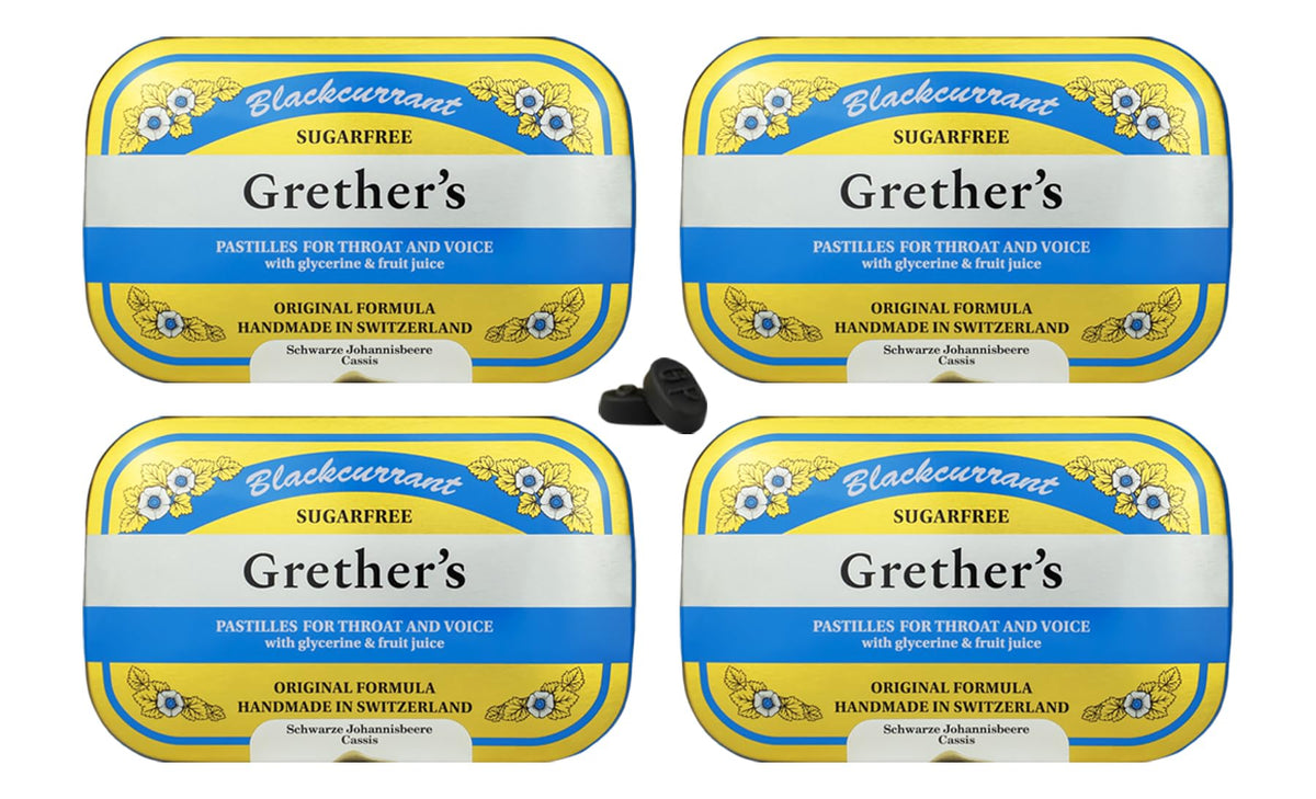 GRETHER'S pastillas de grosella sin azúcar en lata, almacenamiento práctico para casa o viaje.