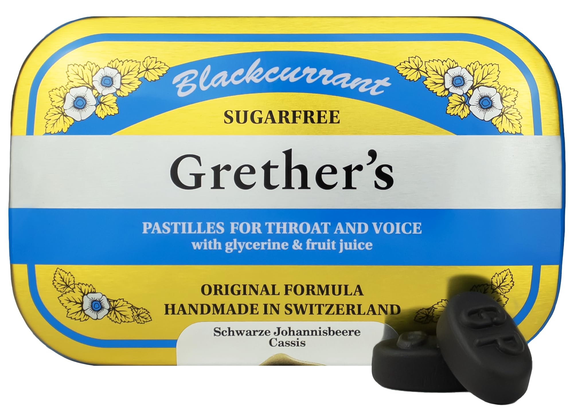 GRETHER'S pastillas sin azúcar en lata, sabor grosella negra para la garganta.