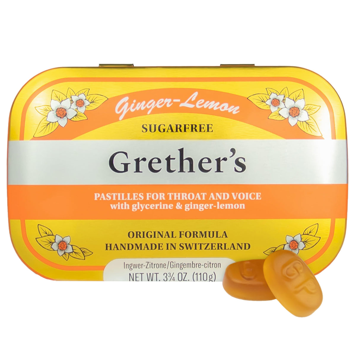 GRETHER'S sin azucar jengibre limon, pastillas en botella, sabor refrescante para la boca.