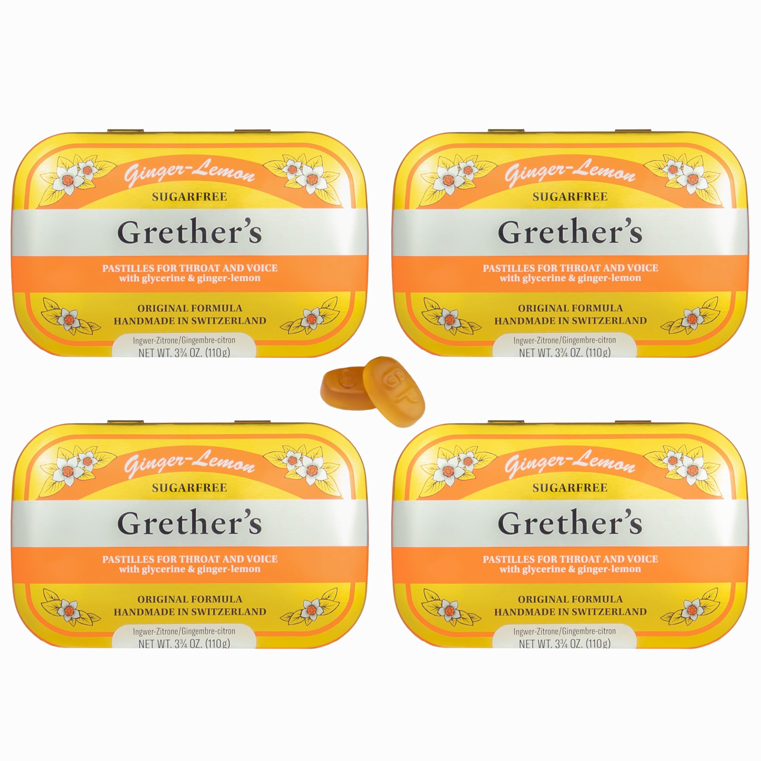 GRETHER'S Pastillas Sin Azúcar de Jengibre Limón en primer plano, sabor suave para la garganta.