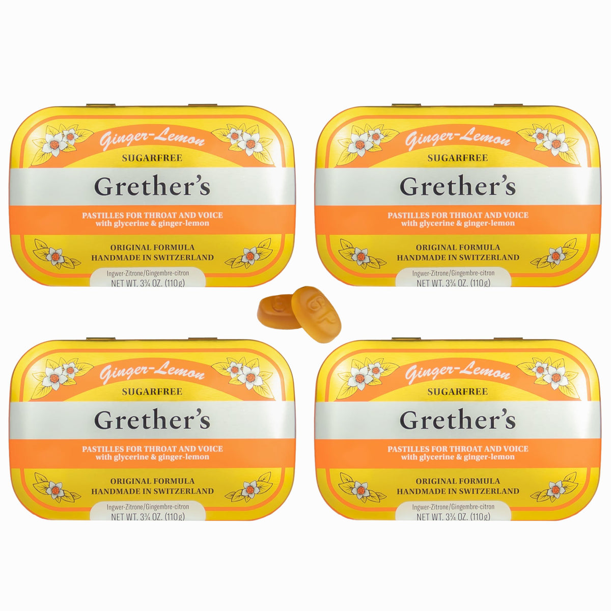 GRETHER'S Pastillas Sin Azúcar de Jengibre Limón en primer plano, sabor suave para la garganta.