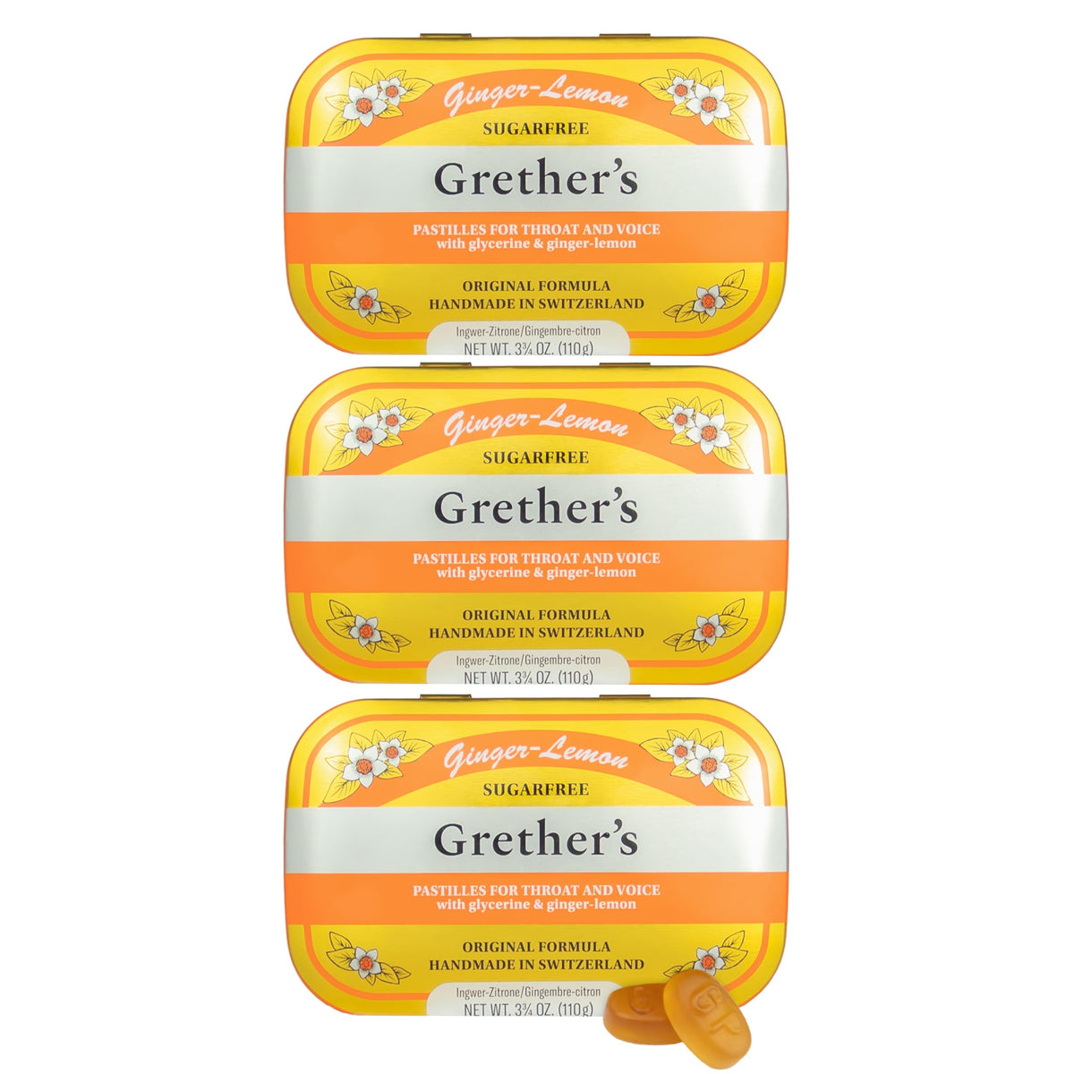 Pastillas GRETHER'S sin azúcar en lata, alivio suave para la sequedad bucal.