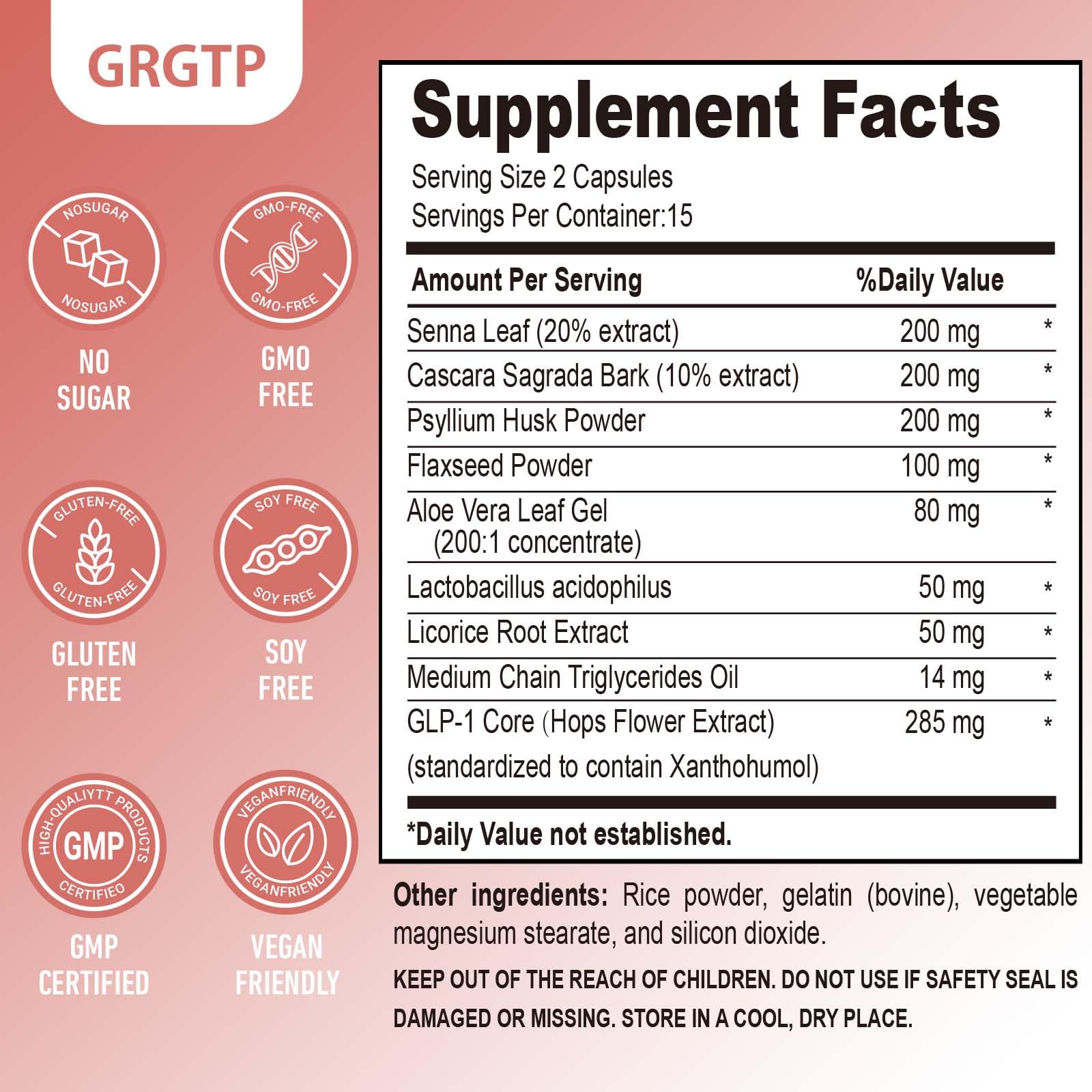 GRGTP GLP-1, etiqueta clara de ingredientes para transparencia.