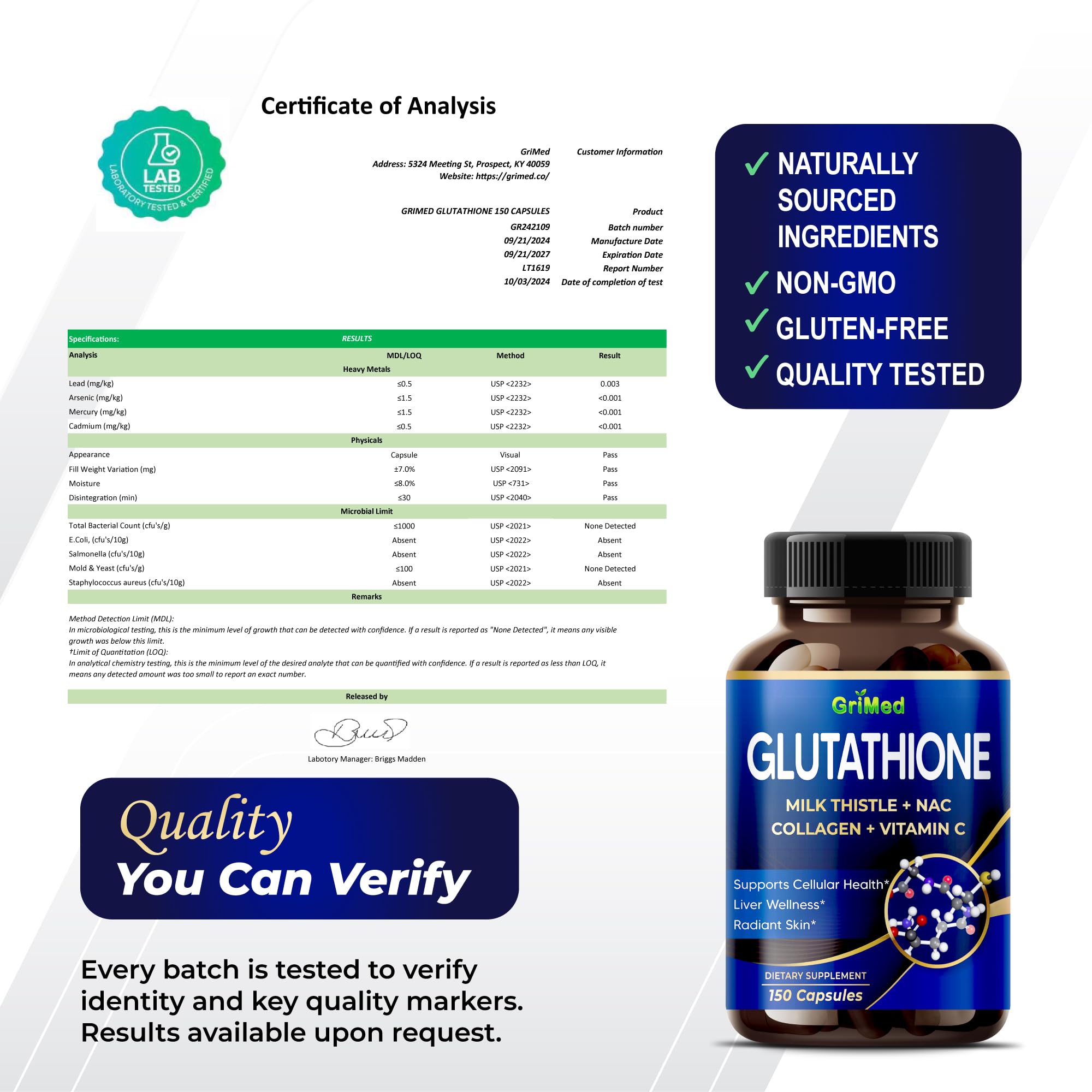 Componente Colágeno en GriMed Glutatión para soporte de la piel.