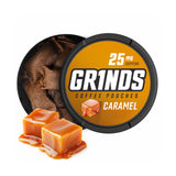 GRINDS bolsas de café caramelo en lata, energía limpia para el día.