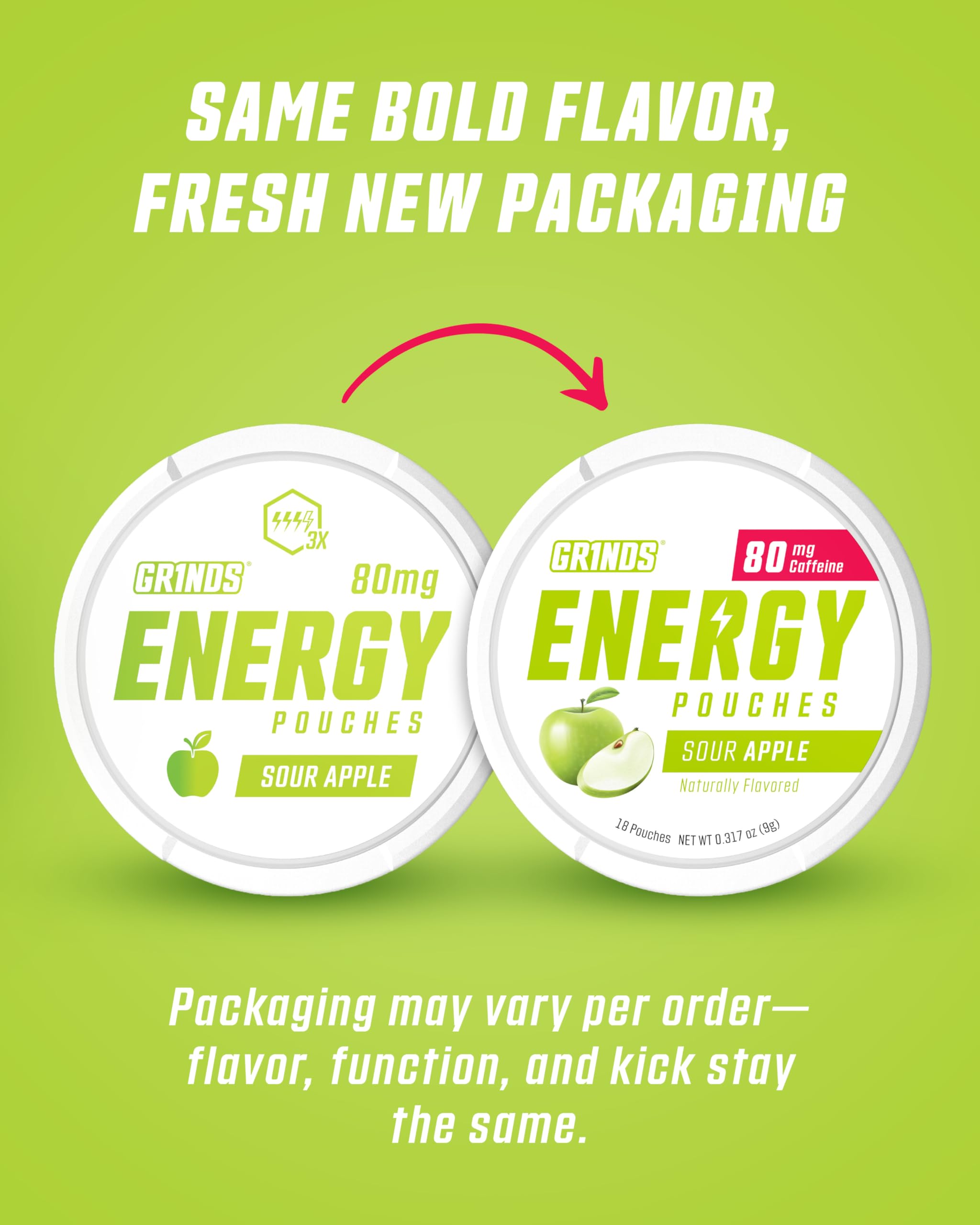 GRINDS Bolsas de Energía sabor manzana ácida para un impulso sabroso.