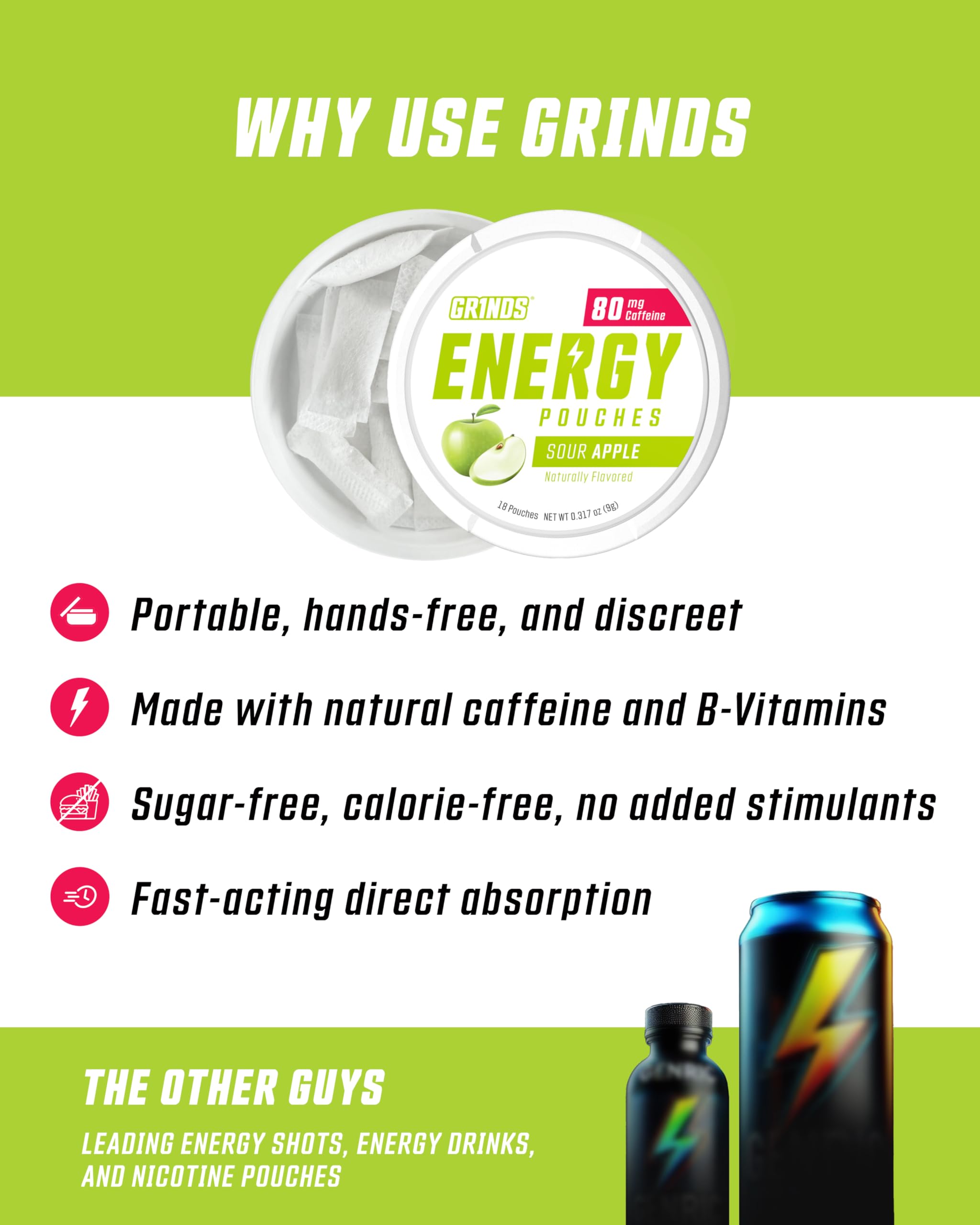 GRINDS Bolsas de energía, sabores Menta Invierno, Durazno y Manzana Ácida para elegir