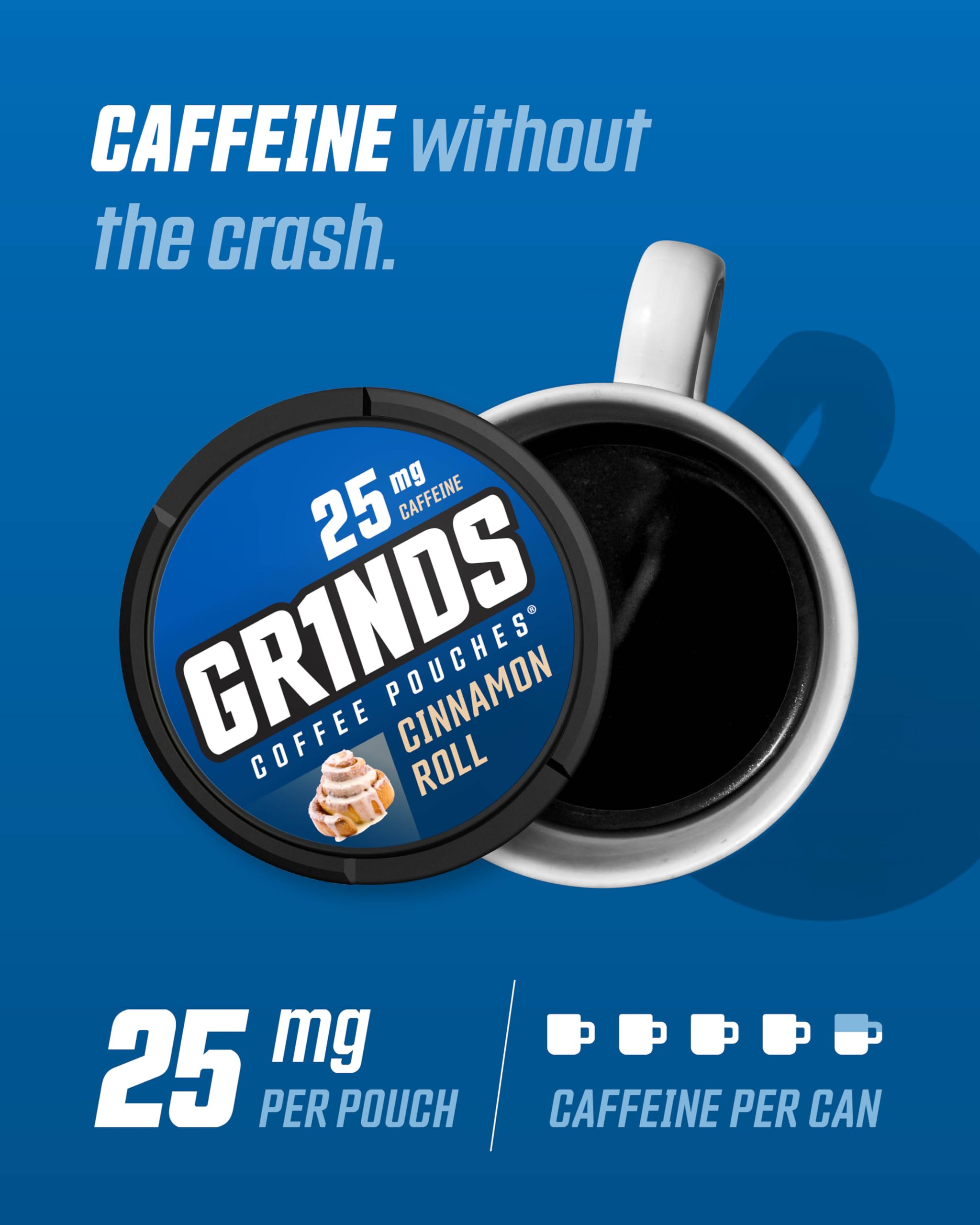 GRINDS Cinnamon Roll: lata con 18 bolsitas para energía diaria.