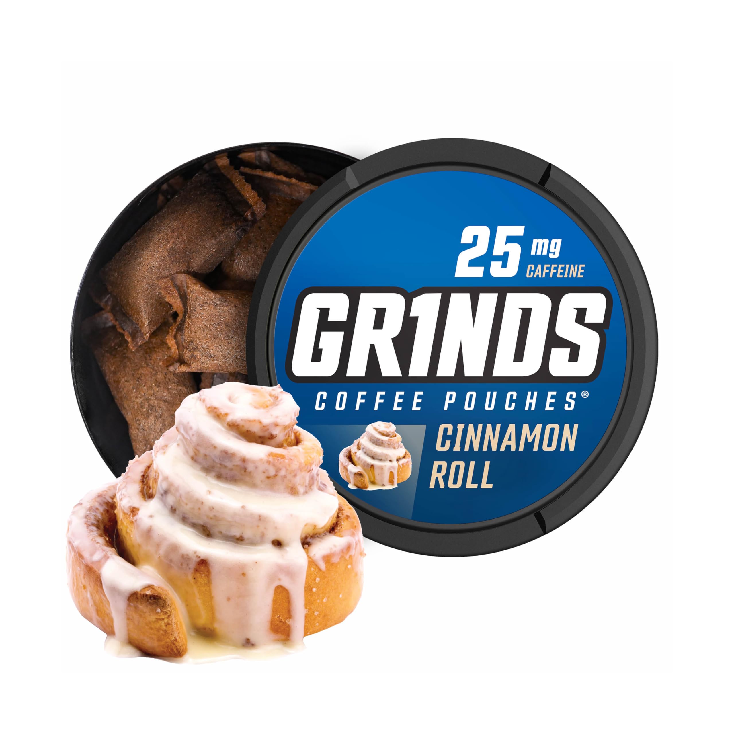 GRINDS Cinnamon Roll: lata abierta huele a canela y café.