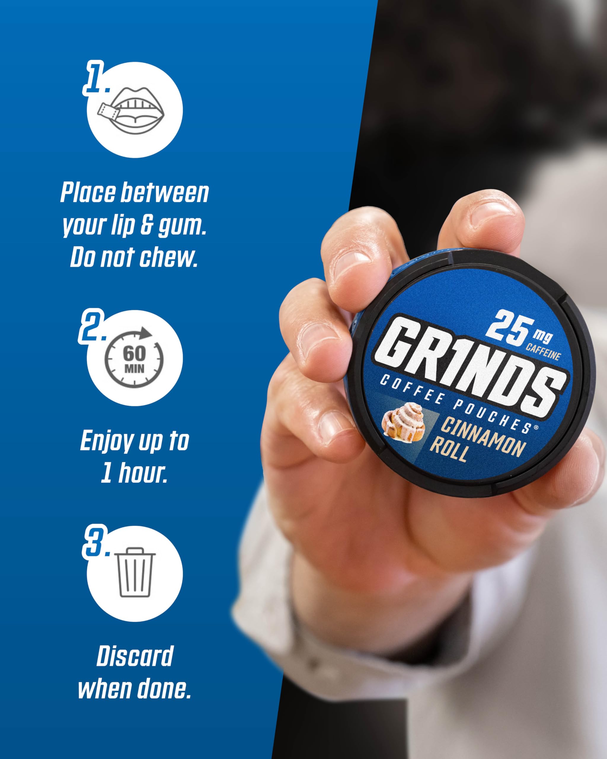 GRINDS Cinnamon Roll: ideal en la oficina para enfoque sostenido.
