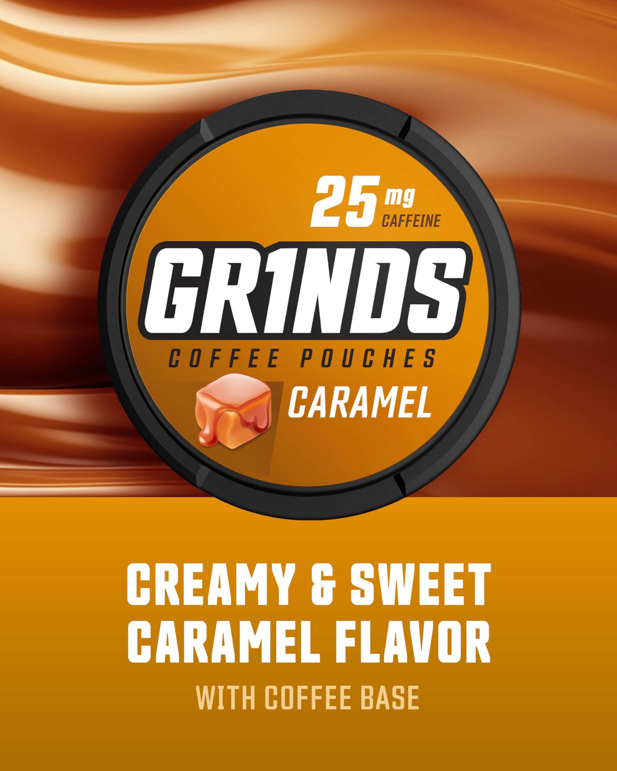 GRINDS lata caramelo, energía rápida sin nicotina.