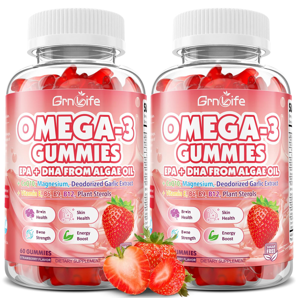 GrnLife gomitas omega-3 sabor fresa en envase, ingesta diaria