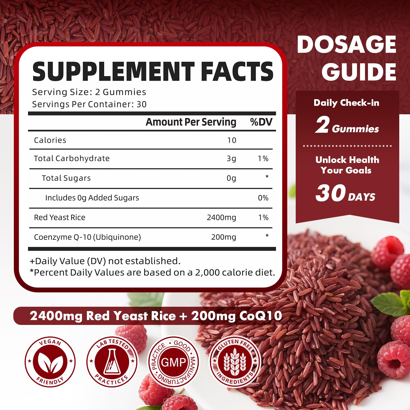 GrnLife arroz levadura roja CoQ10, suplemento para bienestar diario.