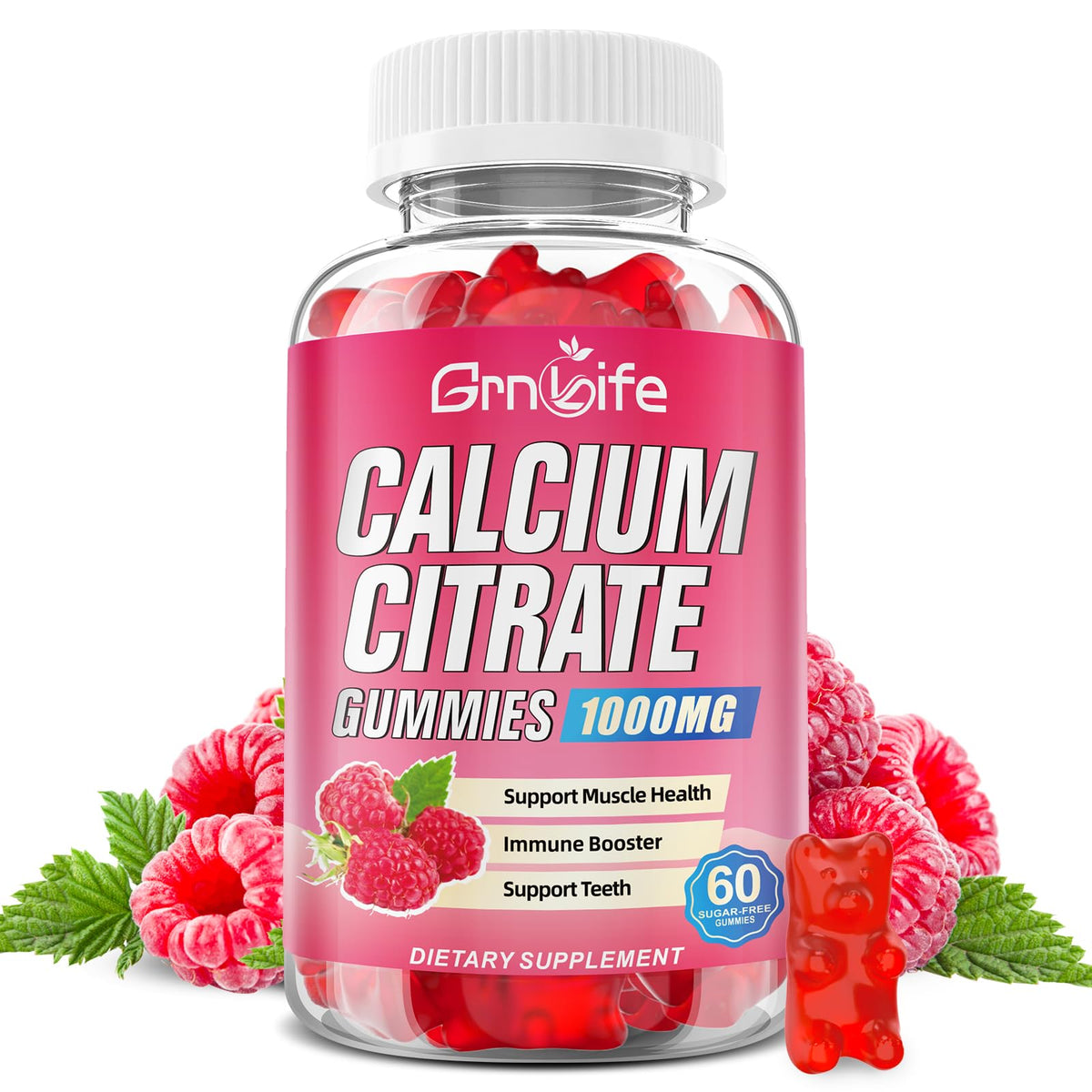 Gomitas GrnLife Citrato de Calcio 1000 mg, sabor frambuesa, envase práctico para consumo diario.