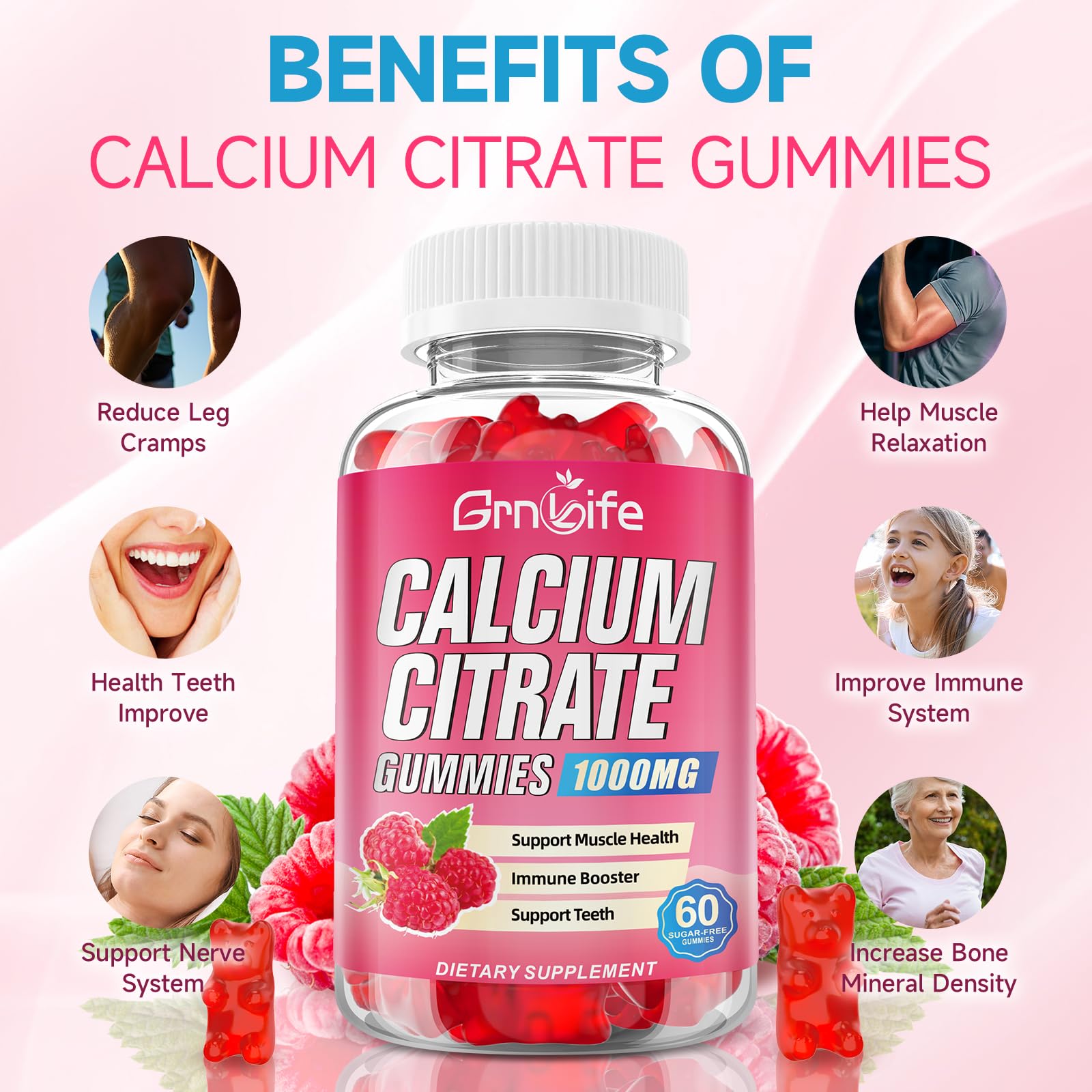 Gomitas GrnLife Citrato de Calcio 1000 mg para músculos sanos y dientes fuertes.