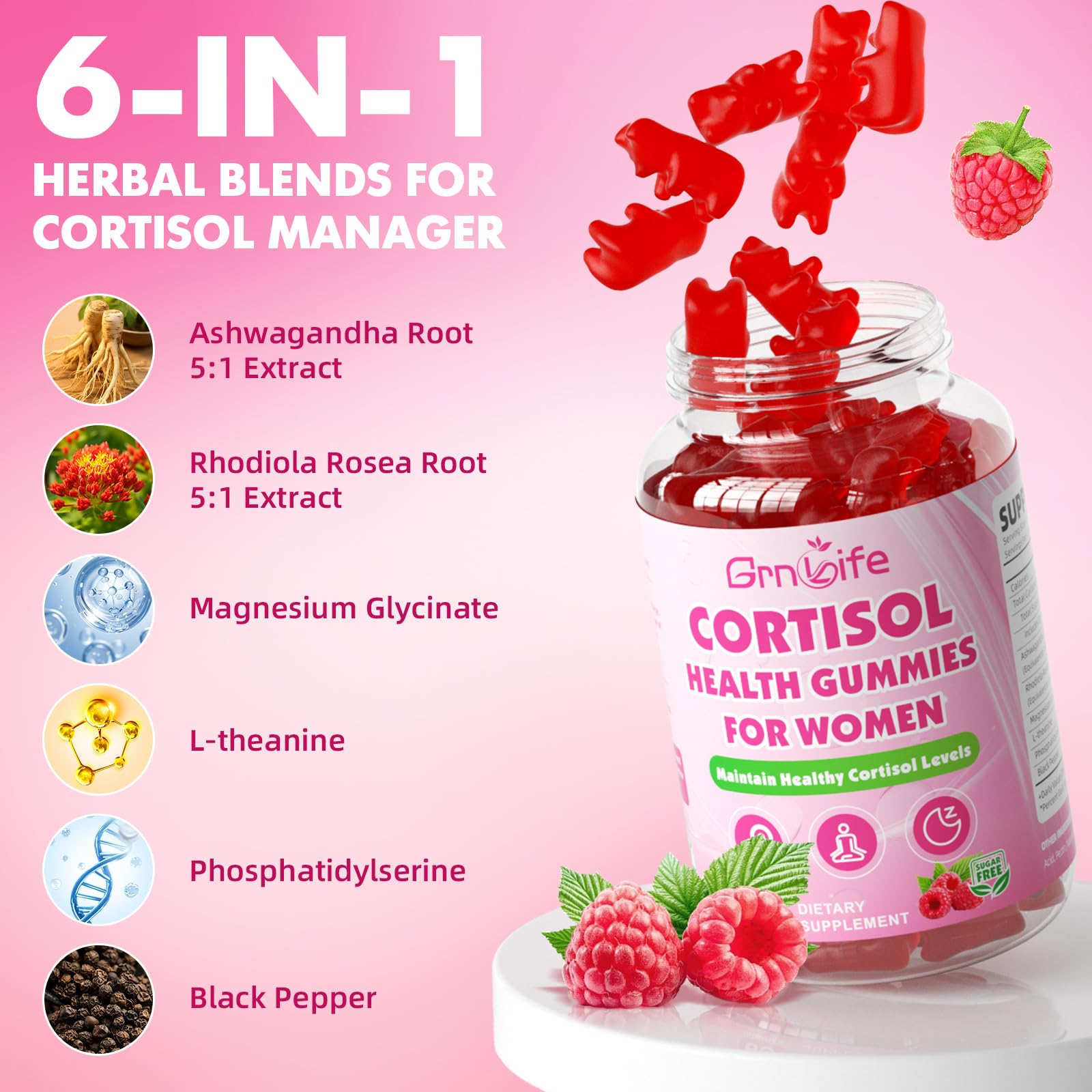 GrnLife Cortisol Gummies con ashwagandha y Rhodiola Rosea, ingredientes clave.