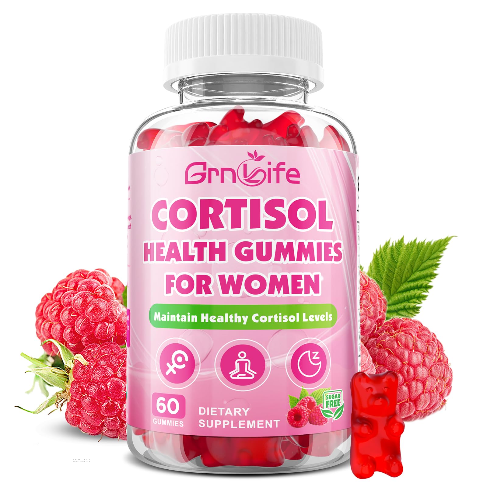 GrnLife Cortisol Gummies frambuesa, envase de 60 gomitas para uso diario.