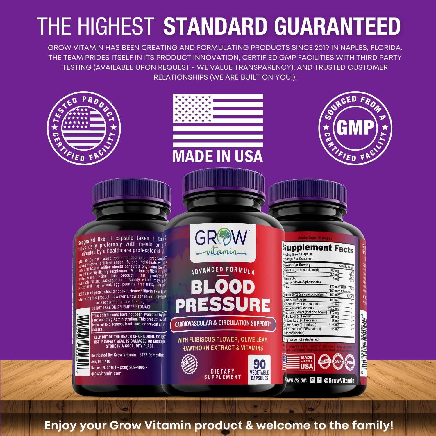 Grow Vitamin Blood Pressure Formula Support, cápsulas en primer plano para consumo diario.